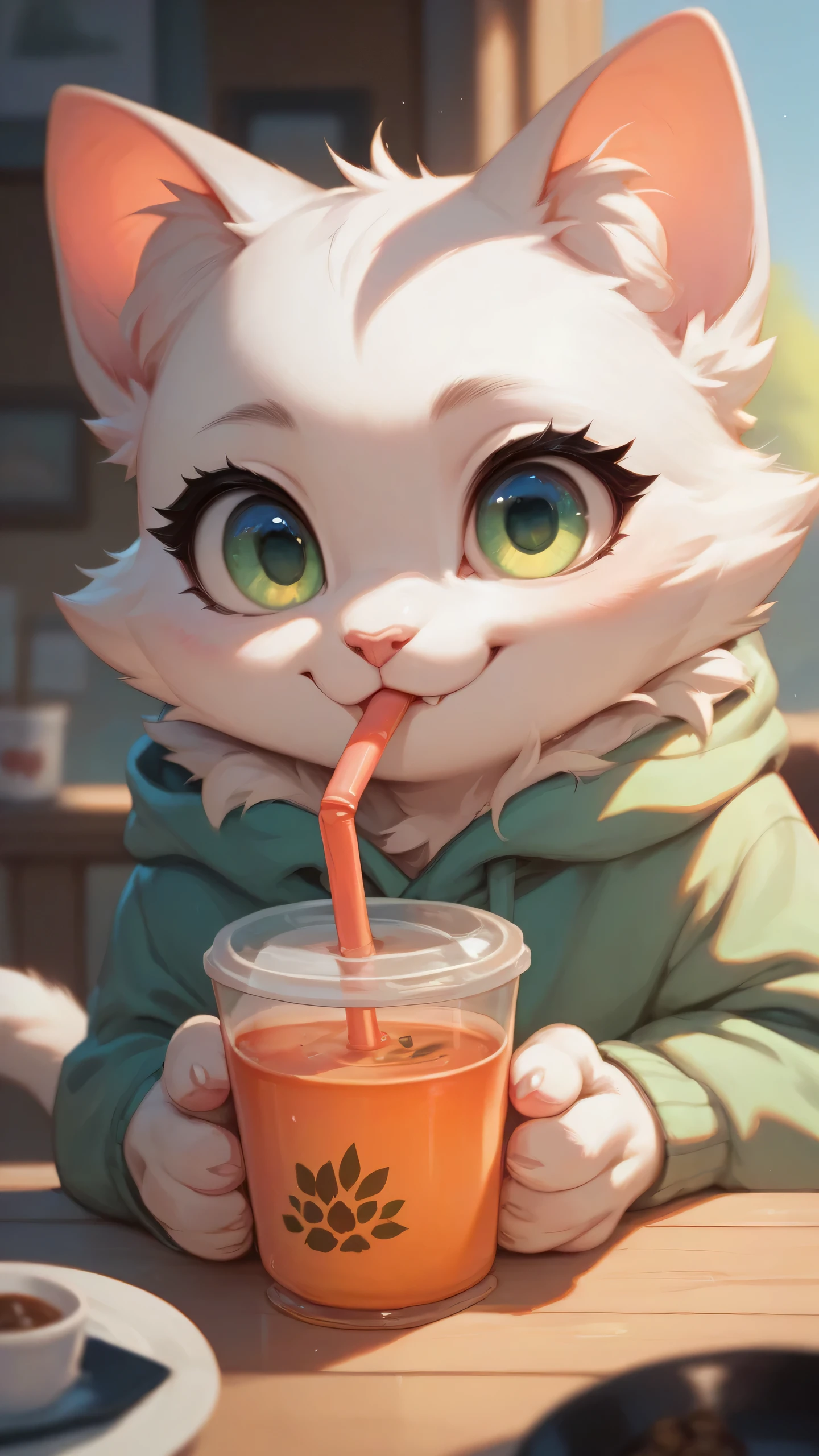 A very cute cat with white fur and green eyes drinking tea
