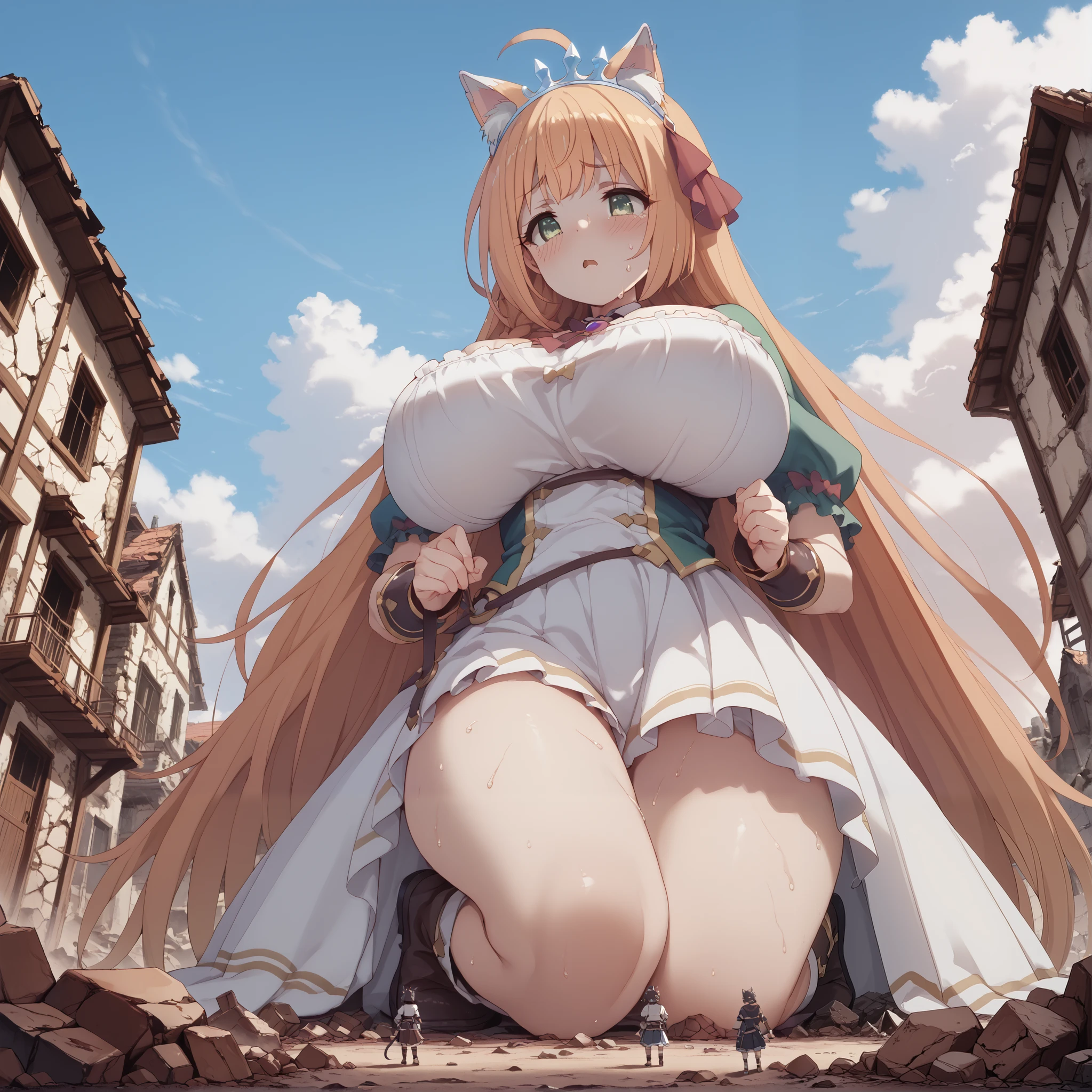 gold、STEP ON AND CRUSH THE HOUSE、THE HOUSE IS COMPLETELY CRUSHED AND DESTROYED 、Maubica , giant, little woman, KARIL - PRINCESS CONNECT !:DIVE - ANIMAZINE XL Cat ears、 super huge breasts、 is embarrassing、 Medieval European town々 、Rubble Ruins、Sweat it out、