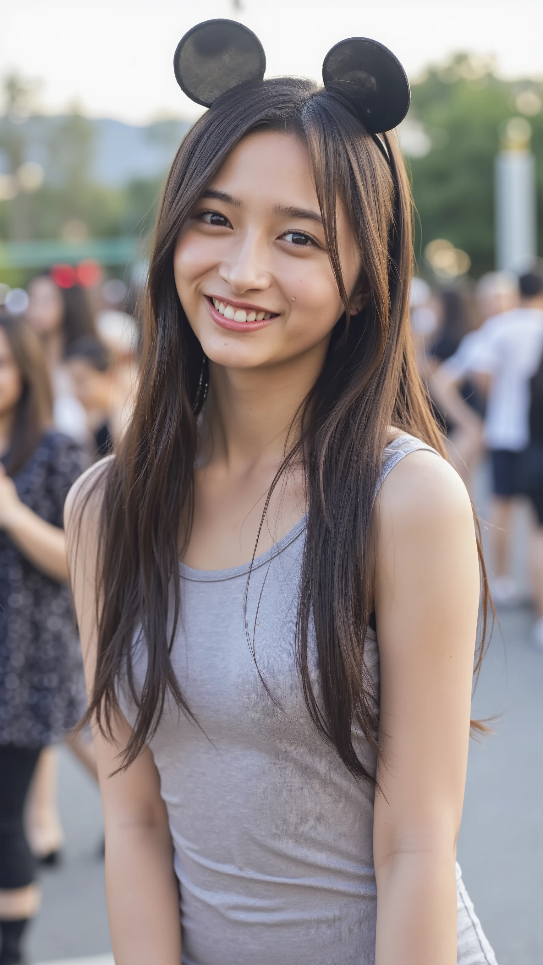The high resolution photograph of a Japanese young female idol, intricate details, extremely detailed, sharp focus, solo, 1girl, smile, straight long black glossy hair, forehead, pale skin, detailed face, detailed eyes, sophisticated nose, petite body, small breasts, (soaked sleeveless thin-strap tight-fitting lite-grey grey short-dress, zettai-ryouiki, black thigh-highs, heel-sandals, black mickey mouse's ears hairband:1.2), outdoors, standing on the busy street in Disneyland at dusk, many crowds around her, (perfect hand, detailed hands, detailed fingers, perfect anatomy, anatomically correct proportion),