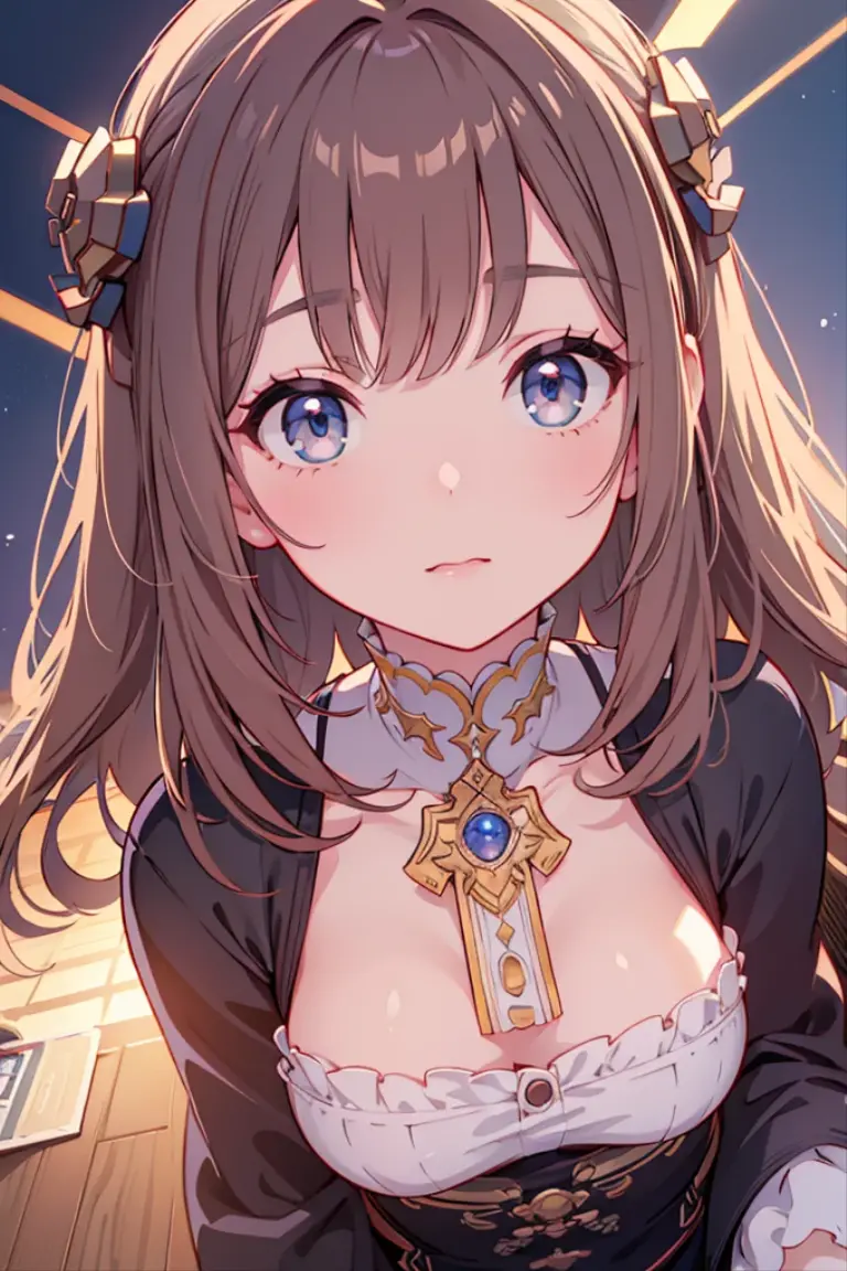 realisitic, 1 girl, 60s hair, parted lips, blush, make up, drlight smile, russet hair, dress with polka dots, flowing clothes, sheen, black eye, bared shoulders, clavicle, narrow waisted, ray of sunlight, lighting sun, Tuuli, neckleace, (work of art), sweat,