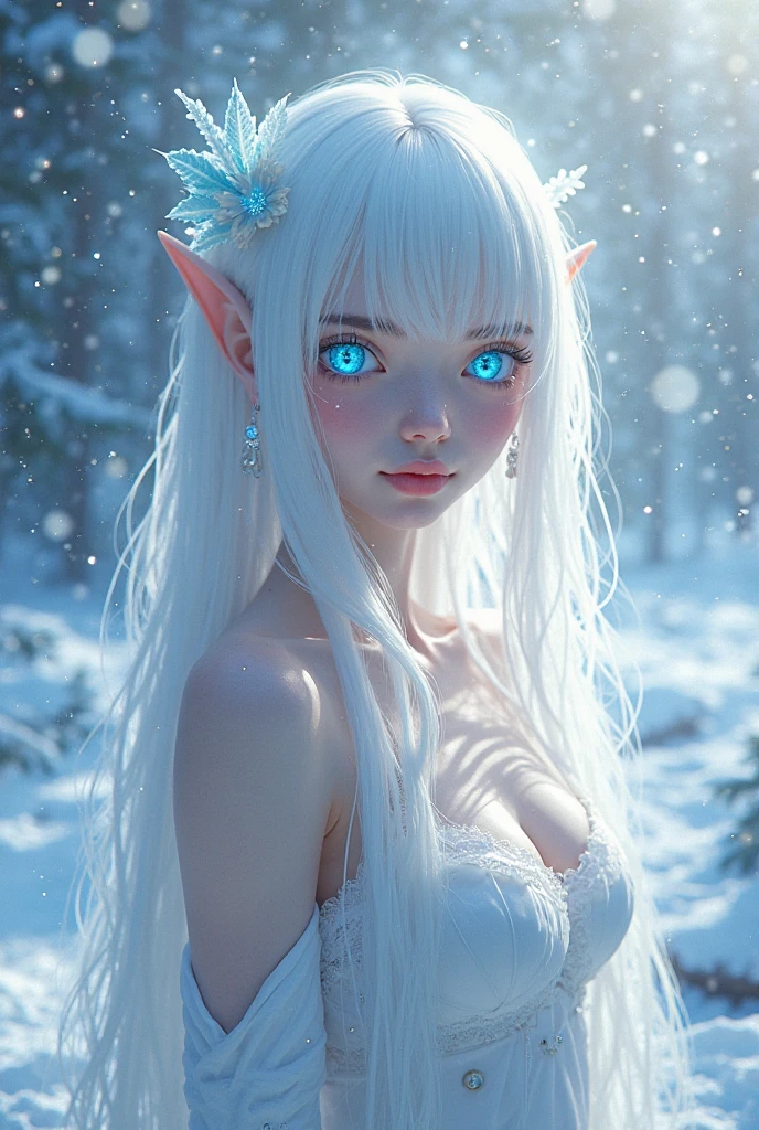 8k hi-Definition hyper realistic: high-res, hyper realistic: small/tint Christmas elf (female), pointed ears, glittery face, wearing transparent Christmas style clothing, full body, snowy forest,