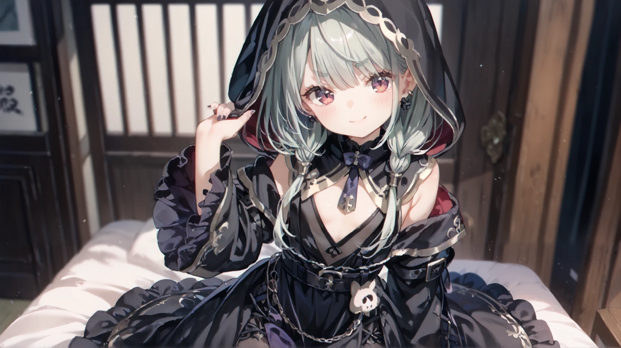 1girl , short messy green hair, sharp red eyes, mischievous smirk, provocative expression, confident pose,revealing modified uniform,gothic maiden,very_young_girl,,black hood,a black dress,Belt on waist,(( Japanese Anime Illustration)),((Japanese Anime Official Style))