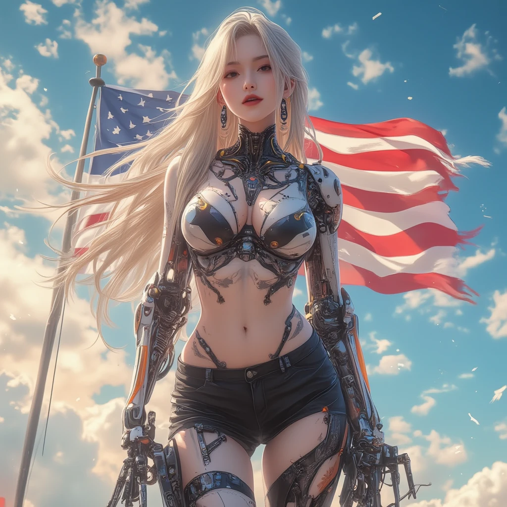 (((mulher))), (((melhor qualidade))), (((obra prima))), (((adulta))), Uma guerreira mulher de 35 anos com corpo perfeito, Brooklyn Gladiators, hand with steel gloves and metal tips, (( under boobs )), (( Tiny thong )), quase nua no estilo selvagem urbano de Simon Bisley para a capa da revista 2000 A.D., cabelo loiro, Minimum clothing, armadura (roupa feita com a bandeira dos Estados Unidos 🇺🇸 ), cheio de pontas e rebites manchadas de tinta, tatuagem de estrelas de 5 pontas, (((corpo inteiro))), cabelo preto curto com franja branca cobrindo a testa
