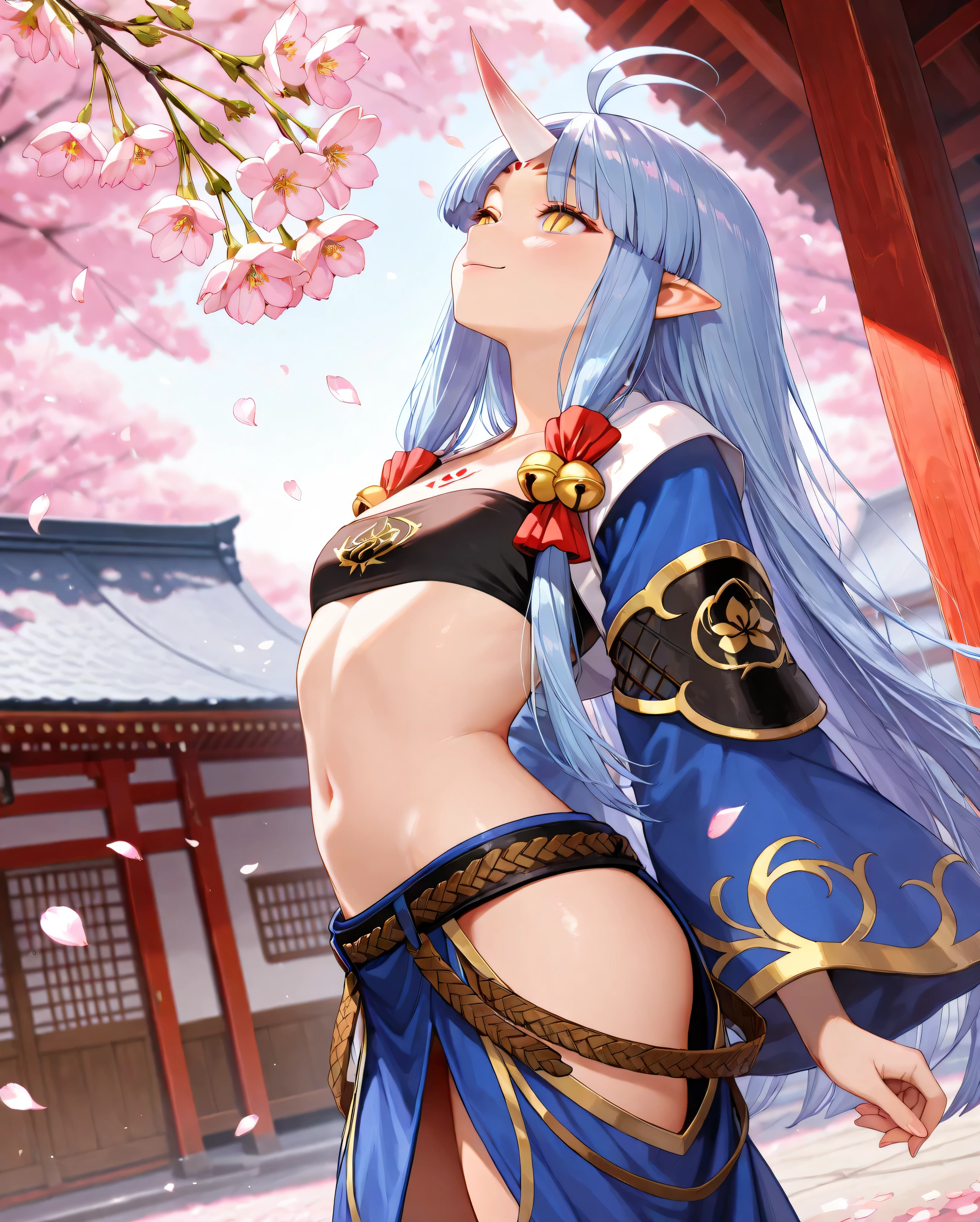 (suzukabase), forehead horn, yellow eyes, blue hair, slit pupils, hair bell, very long hair, hime cut, sidelocks, pointy ears, midriff, forehead mark, strapless, long sleeves, hip vent, ahoge, blue dress, flat chest, smile, thick thighs, cowboy shot, BREAK, japanese village, cherry blossom, flower petals, (dutch angle), (blurry background), dynamic lighting, rim lighting, from side, facing up, BREAK, masterpiece, best quality, official art, detailed, realistic, game cg, nsfw, 4K, 8K, detailed beautiful face and eyes, ultra-detailed, beautiful detailed eyes, very aesthetic, amazing quality, absurdres, newest, IllusP0s, usnr, 