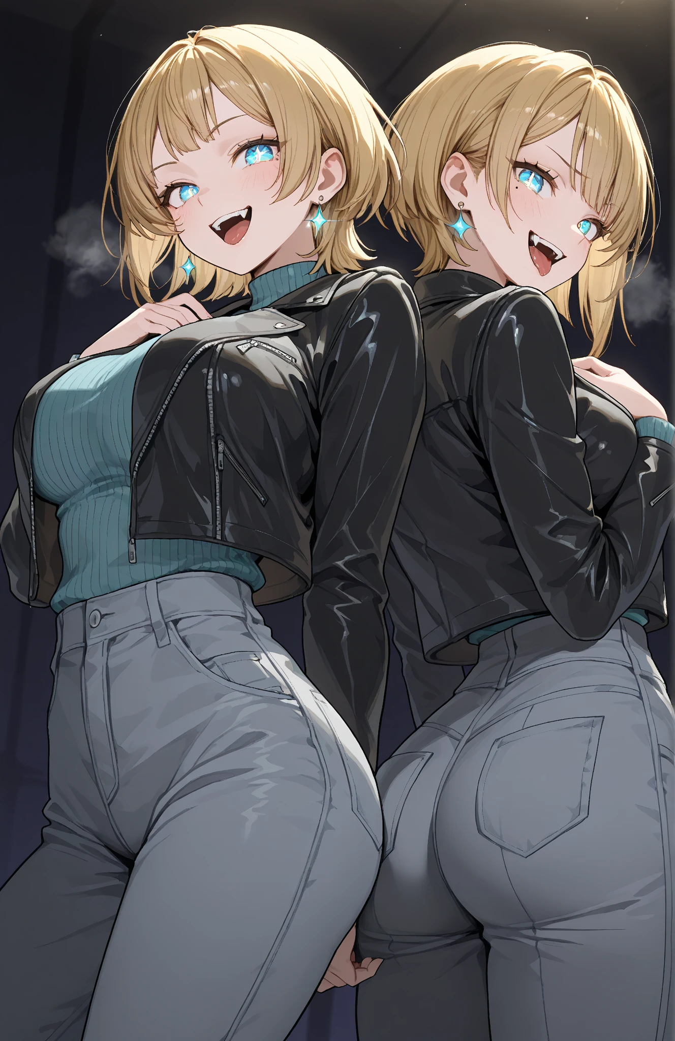 maryms, Best Quality,(beauty), 1girl,phisically-based render ,ultra highres,(cowboy shot:1.5),narrow waist, skinny, LeonaMS , big blue eyes,long legs,jeans,leather belt,big breasts,puffy eyes, leather belt,(rainy city), shiny skin, facing viewer, excited to fight, blonde hair