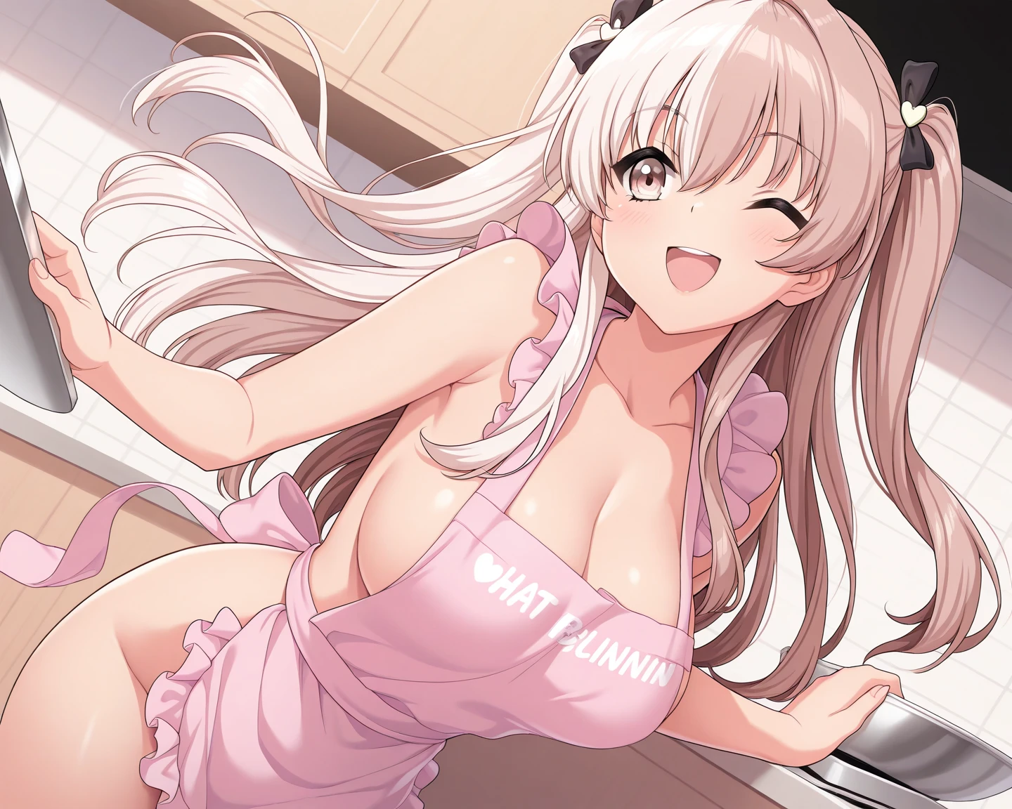 1girl, nsfw, ASAHINAMOMOKO. LIGHT BROWN HAIR, HAIR RIBBON, WHITE RIBBON, ONE SIDE UP, HAIR BETWEEN EYES, VERY LONG HAIR, PINK EYES, empty eyes, large breasts, nipple, Car Racing Circuits, frozen, (Sweating profusely, Love juice, Wet Woman, female ejaculation) crying, Naked, (1girl) Peeing, lactation, projectile lactation