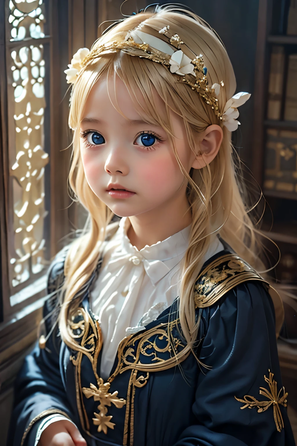 Little young girl,blonde hair,morning,cute,fantasy, gorgeous dress ,headband,odd-eye,palace