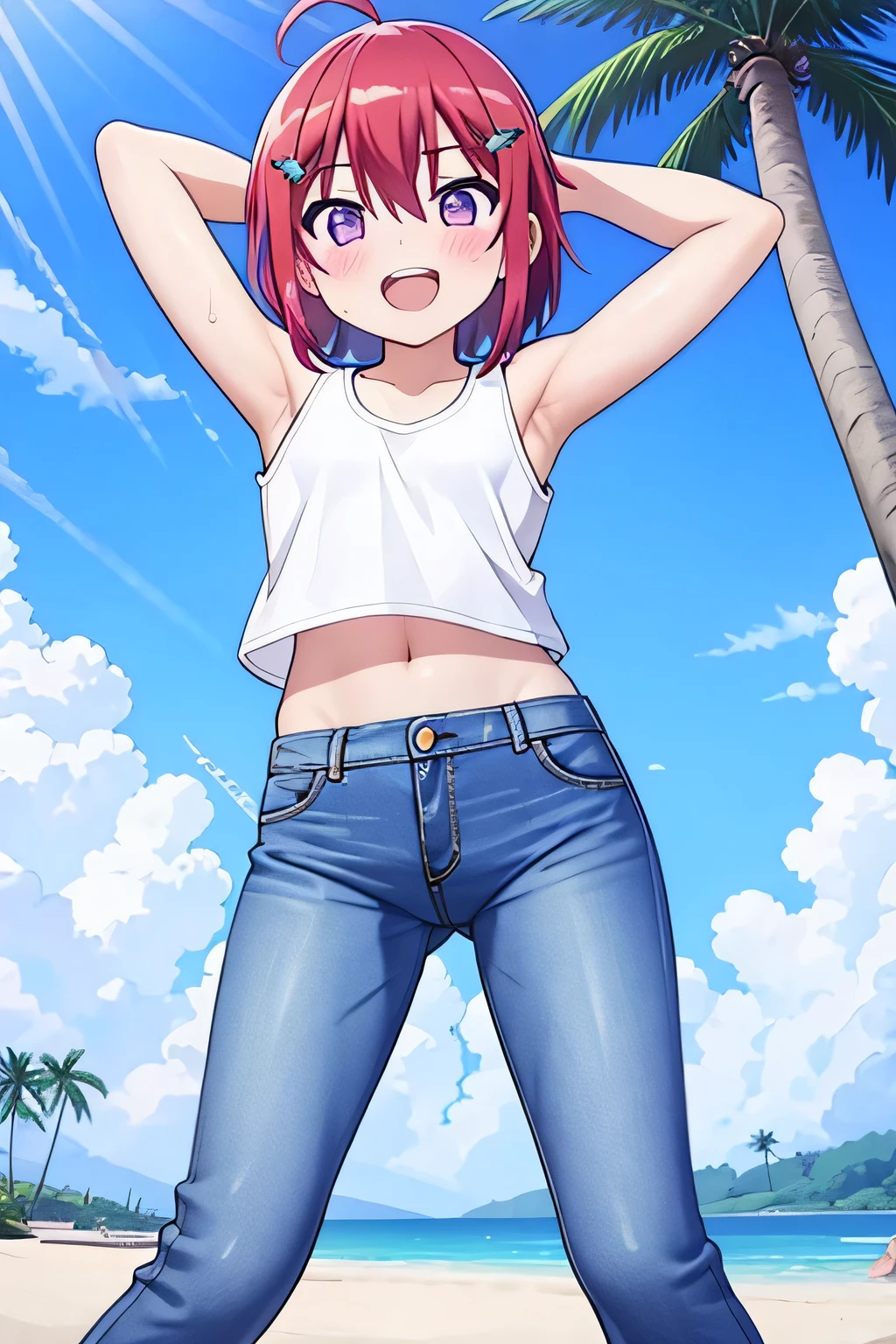 (perfect body),highest quality,16k、Masseter muscle part、((NSFW))、(())、low length、((((embarrassing))))、:d、Tree Fe○lumes、short hair、(blue eyes),redhead、Pigtails、((Sweat))、((flat chest))、swollen nipples、(city bench)、cloudy sky、Red camisole、black mini skirt、white panties、((Skirts twisted by the wind))、both armpits、Hands restrained behind the head、On my back、thick thighs、spread your legs、