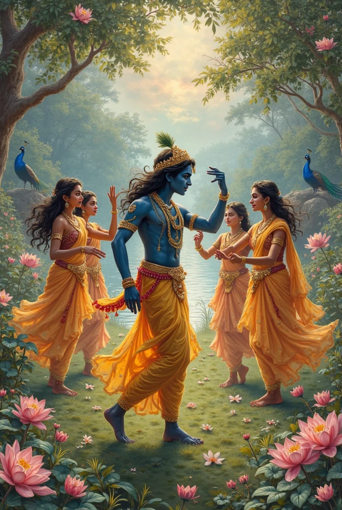 God krishna flute and dancing with friends 
