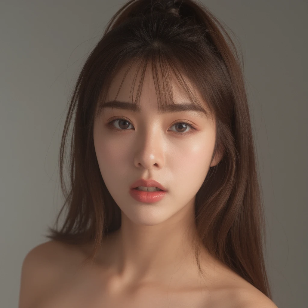 Highest quality, masterpiece, Ultra-high resolution, (Realistic:1.4), RAW Photos, 19 years old, Simple gray background, ((naked、Upper Body、Lean forward、Disheveled Hair)), Looking at the audience