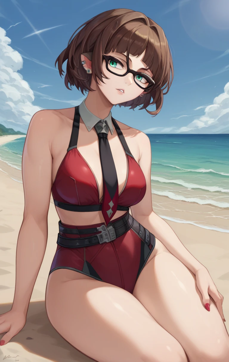 1girl, serious face, red hair, lipstick, I would see Short hair, spiked hair, spiked hair, tomboy Pixie haircut, Black eyebrows, armpits, swimsuit , huge breast, glasses, red eyes, beach background