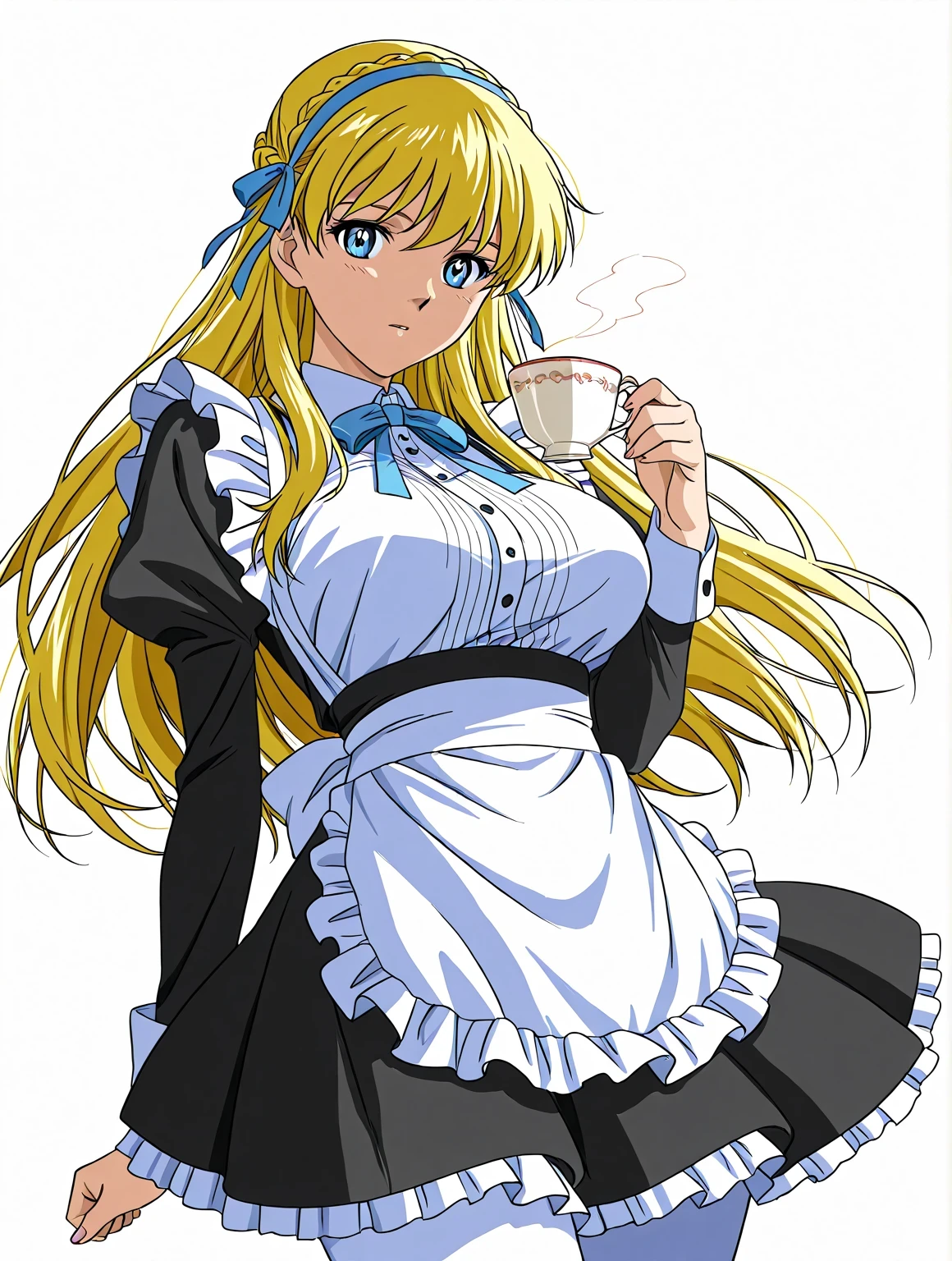 score 9 、score 8 up、score 7 up、source anime、masterpiece、Highest quality、high resolution、 1girl 、Anime girl with a cup of black tea and a cake、alone、change in dress、( Maid ) girl、portrait of changeta、 Gold、long hair、blue eyes、french braid、crown braid、blue hairband、Classic girl 、A beautiful anime girl is sitting on a chair、Colored Sketch Anime Manga Panels、 2000s Anime Art Style 、Big Breasts、big breasts、Seductive anime girl in blue maid outfit 、white pantyhose、change、 classy atmosphere、slender body、Manga Painting 、 Long Sleeve、 Official Fanart、 HD FAN ART 、 in Bowwater art style、Anime girl in a maid costume、Enchanting anime girl、Anime Drawings、looking at viewer、cowboy shot、Girl Focus 、High quality color sketch、Anime Moe Art Style 、Wear nice clothes 、(Anime girl)、Beautiful anime portrait、an Anime girl、pretty Anime girl、beautiful Anime girl、created by Anime Painter Studio、Anime dick!!!!、Painted in an anime artist's studio、realistic anime art style、 digital anime art!!、