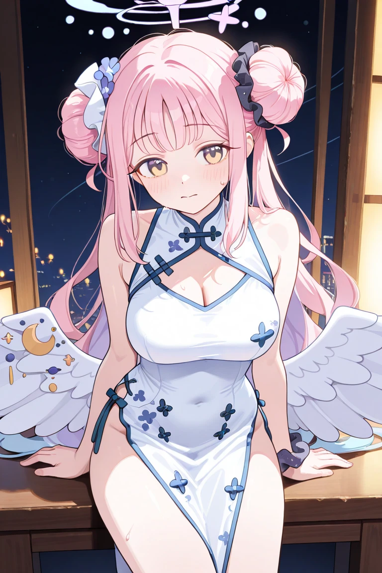 masterpiece,highest quality,(Super detailed),written boundary depth,perfect sentence, Detailed CG,Super detailed,(highly detailed eyes,very cute face,highly detailed face:1.3),beautiful anime girl,(solo girl:1.9),(super huge breasts:1.9),(pink hair,low twin tails:1.5),(light blue eyes:1.3),(smile full of joy:1.3),open your mouth,show viewer,break,(shrine maiden costume,white kimono:1.5),light effect,(fly in the sky,floating in the air:1.9),please bend your knees,spread both hands,break,(night sky,big full moon:1.5),thin clouds,The stars are shining,