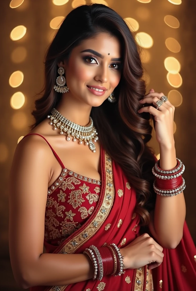A stunning 16-year-old Indian fair girl with a perfect body and perfectly shaped breasts poses for the camera in a vibrant red and black saree with an off-shoulder backless top. Her big, beautiful eyes are adorned with intricate kohl liner and a nosepin, while her long, wavy brown hair falls in soft curls over her shoulders. Her charismatic face is detailed and hyper-realistic, with a captivating smile that exudes magnificent beauty.

The background is full of color and texture, adding to the overall magnificence of the image. The deep neckline of her saree showcases her flawless décolletage, and her