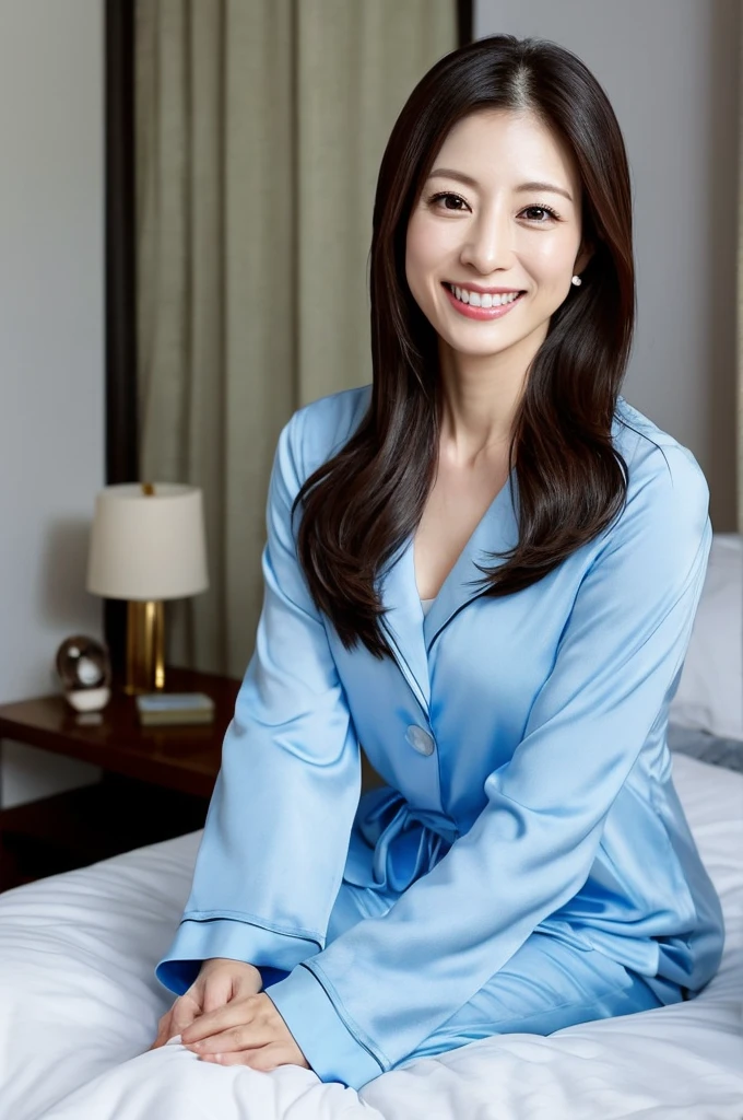 ((masterpiece))、((Highest quality))、photograph、reality、High resolution、Super detailed、Married women、40s、Delicate facial features、Hair that grows to the shoulders、Realistic background and accessories、Big ample breasts、Sexy smile、Hotel Bedroom、Lower body naked、pubic hair、Loose open sweater、See through、Sit on the bed、Table light only、((Dark Room))、((Indirect lighting only))、Shadow、