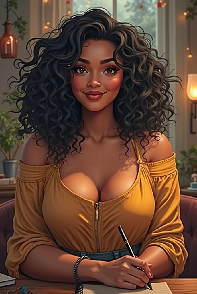 Black girl with wavy hair and a hat, sitting in a fancy restaurant with a book , with pink dress and curvy white nails, backwards