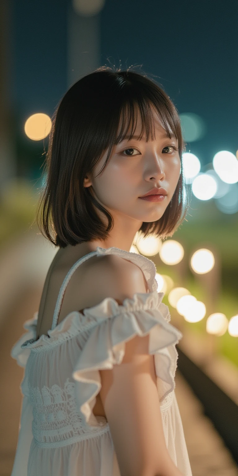 20-year-old girl, Bust photo, short hair, half body shot, The background is a shooting star streaking across the dark sky