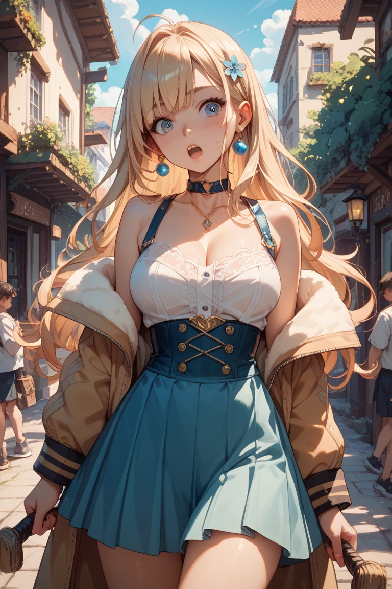 ((masterpiece)), ((4k quality)), ((anime style)), girl, light skin, light blue eyes, eyebrows, nose, ears, mouth lips, blonde, big straight hair, highlights, bangs, (light effects on hair), neck, (perfect tummy), waist, (tight dress), thick legs, thick thighs, (background scenery), on the street, beautiful day, (ultra detailed street)