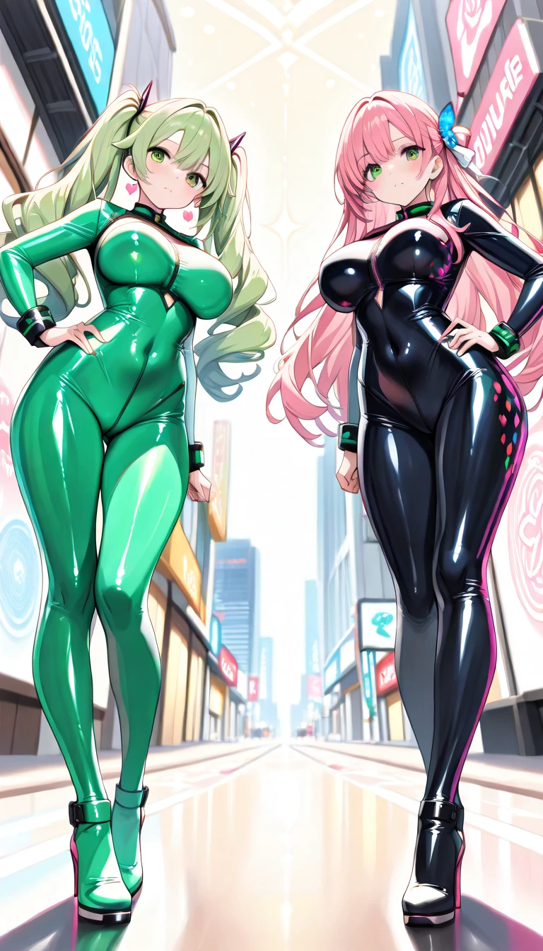 Beautiful naked woman with huge breasts. The breasts are not covered by anything.. The face is very pretty and with correct eyes., nose, Lips. women wearing only very tight shiny leather stockings with laces. The left chest is tied by a long, shiny neon green cord.. Huge and curly mix, very long, neon red hair, neon green hair and neon blue hair.. Red full thin Lips, green eyes, happy smiles. Full body view. In the background, mix of alien planets and spiral galaxies..