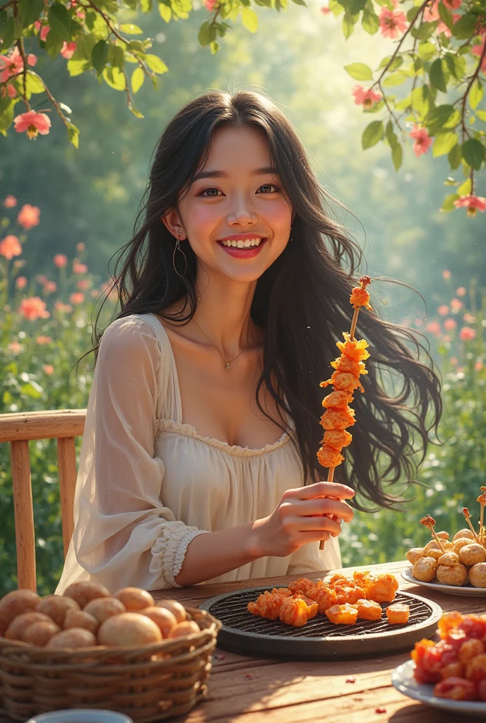In oil painting, there is a young girl holding a tomato in her hand, of a youthful japanese girl, Chinese girl, Cute young girl, laughing sweetly, she is eating a peach, Young Asian girl, Palace , A girl in Hanfu, a human-like juicy peach, warm and gentle smile, Japanese model, Sweet smile, slight cute smile, Lovely smile,OilPaintStyle,Thick coating