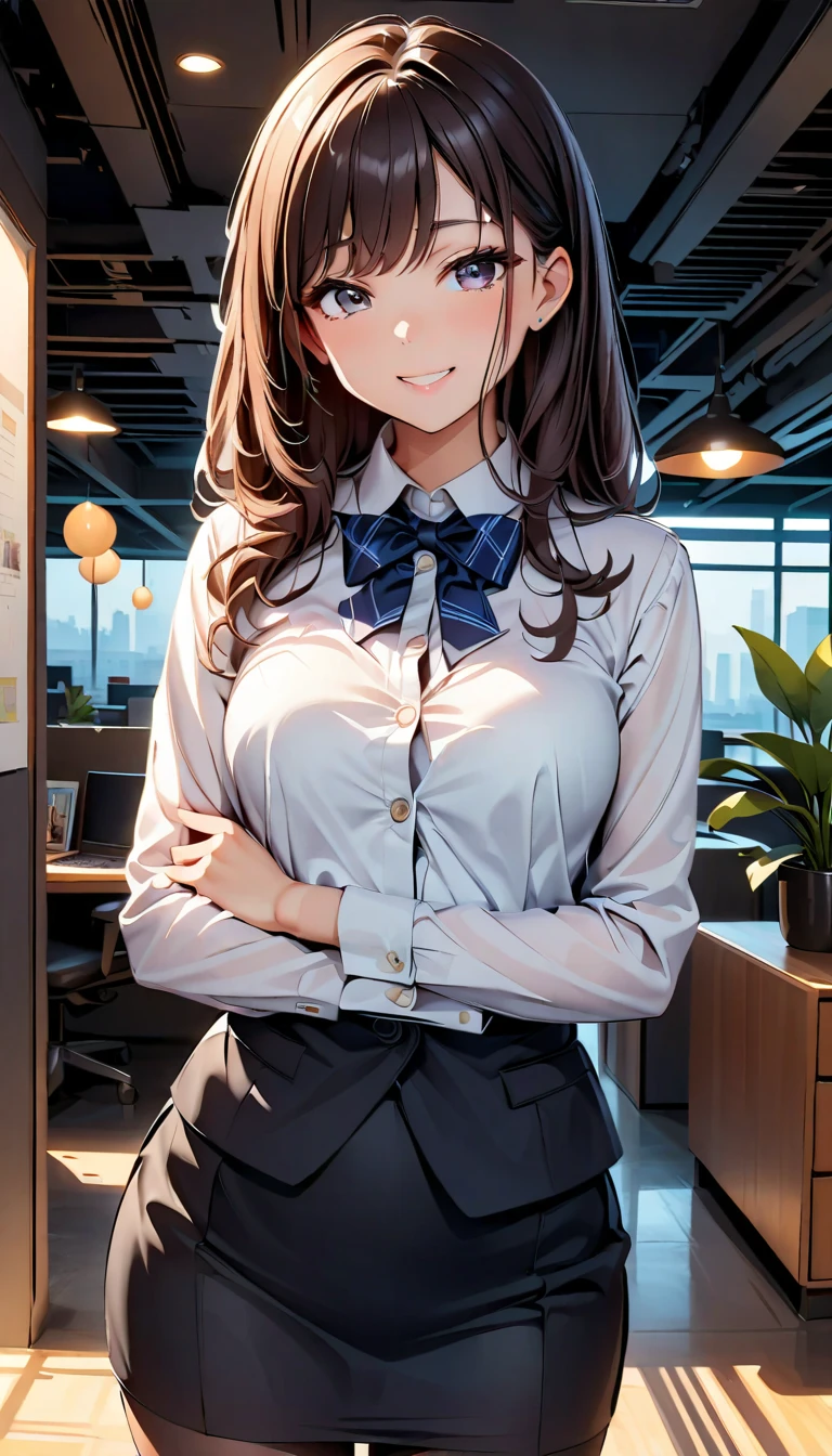 1 girl, brown hair, office lady, large breast, earrings, brown hair, wearing a pink plaid vest, white shirt, ((pink plaid pencil skirt)), earrings, ribbon, sit on the bench,, leaning forward, cute face, smile, blushing,  at the office, (((front view))), low angle, whole body, angle of view looking up from feet, best quality, depth of field, cinematic lighting, aesthetic, detailed face ((realistic)),  detailed clothes ((realistic)), 