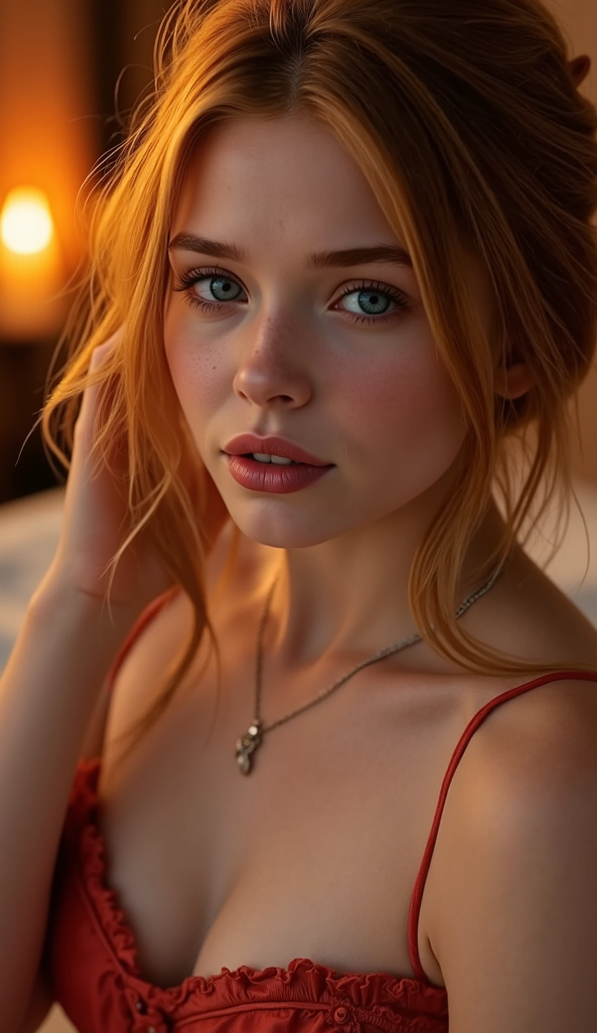 🌟 quality & silent: whole head down to below the chest, three sided view, masterpiece, 8k, ultra high resolution, hyperrealistic, very detailed, natural lighting, SLR lighting, SLR camera , Fujifilm XT3, film grain, Sharp concentration, perfect lighting. 🌌 Scene & background: different backgrounds: A romantic sunset on the beach, with warm, golden hues . A dark, mysterious forest with moonlight, that falls through the trees. A luxurious bedroom with candlelight and silky curtains. Ein urbaner background mit Neonlichtern und regennassen Straßen. 😈 model & Styling: wild young girl, Fiery red hair, different hairstyles such as hair pulled back, which in various Poses fall loose or styled are, and bright blue eyes , glowing blue eyes, She is wearing a lightweight, silk corset with deep neckline. 🔥 Pose & Mood: Different poses ( direct , front, looking to the side ) and angle of view (from the side, from above, from below), Different sensual facial expressions: she looks directly at the camera , with a seductive smile and half-closed eyes. She opens her lips slightly, with a playful and tempting look. She tilts her head slightly to the side, with a dreamy and sensual expression. She looks over her shoulder, with a mysterious and intense look. Die Mood ist sinnlich, seductive and full of emotions. 💋