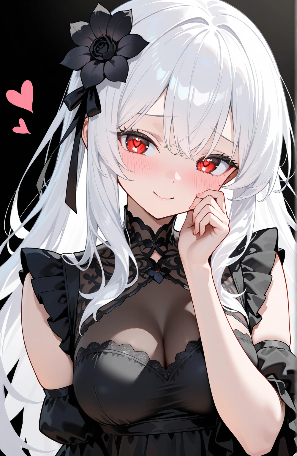1 Girl, Black Corset, Long Black Skirt, Black Lace Sleeves, Black Lace Covering All Showing Skin Up To The Neck, Red Lace Ribbon, Medium Breasts, Blue Eyes, Platinum White Hair, Twin Tail Hair Style, Pale White Skin, Smooth Skin, Face Freckles, Nice Cleavage, Slutty, Sexy, Sassy, Smirking, Tease, Teasing, Close Up, Upper Body Shot, Side Profile, Side View, 
