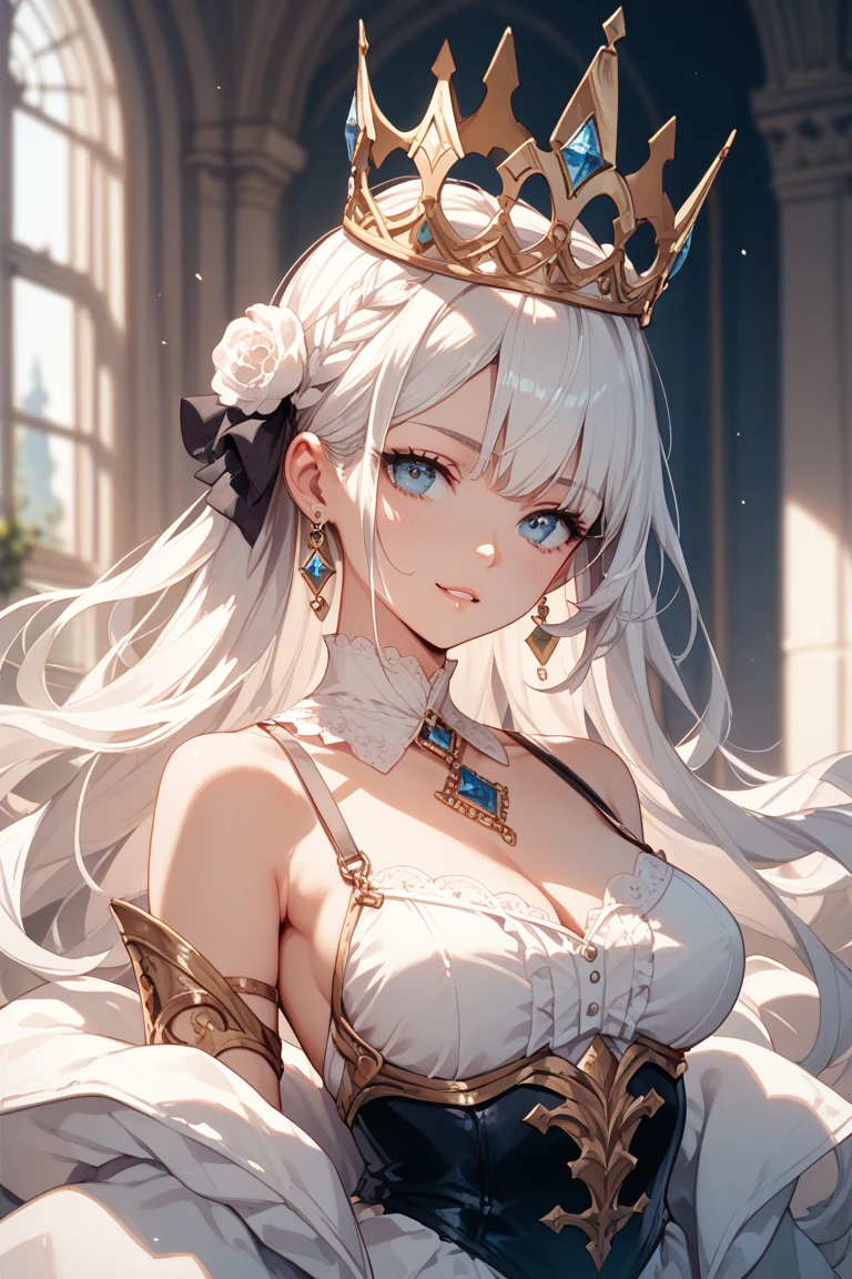 Top Quality, Very Detailed, Masterpiece, Super Detailed, (Real: 1.2), 1 Girl, (White Background), Simple Background, Delicate Eyes, Silver Hair, Purple Eyes, hair_ornament, (White Off-Shoulder Shirt: 1.3), Long Hair, pointy_ears, crown_braid, Expressionless, Straight Hair, (Sitting: 1.2++), Big Breasts, --auto