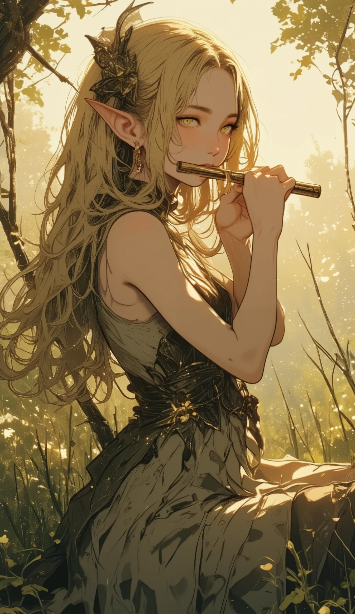 create an image, in which an elf with long blond hair plays the flute. She has a calm , , a slightly dreamy facial expression, and her pointed ears emphasize her elven nature. She is wearing an elegant dress in muted colors, in harmony with the environment. The background is a forest meadow, filled with soft , with the warm light , creating a cozy and magical atmosphere. There are no butterflies or other distracting details, to focus on the elf herself and her.