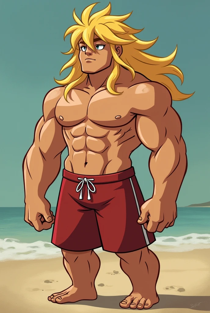 seaside, (wet fundoshi), old man, beard, muscles, crotch bulge, full body view, blond hair, long hair, smirk
