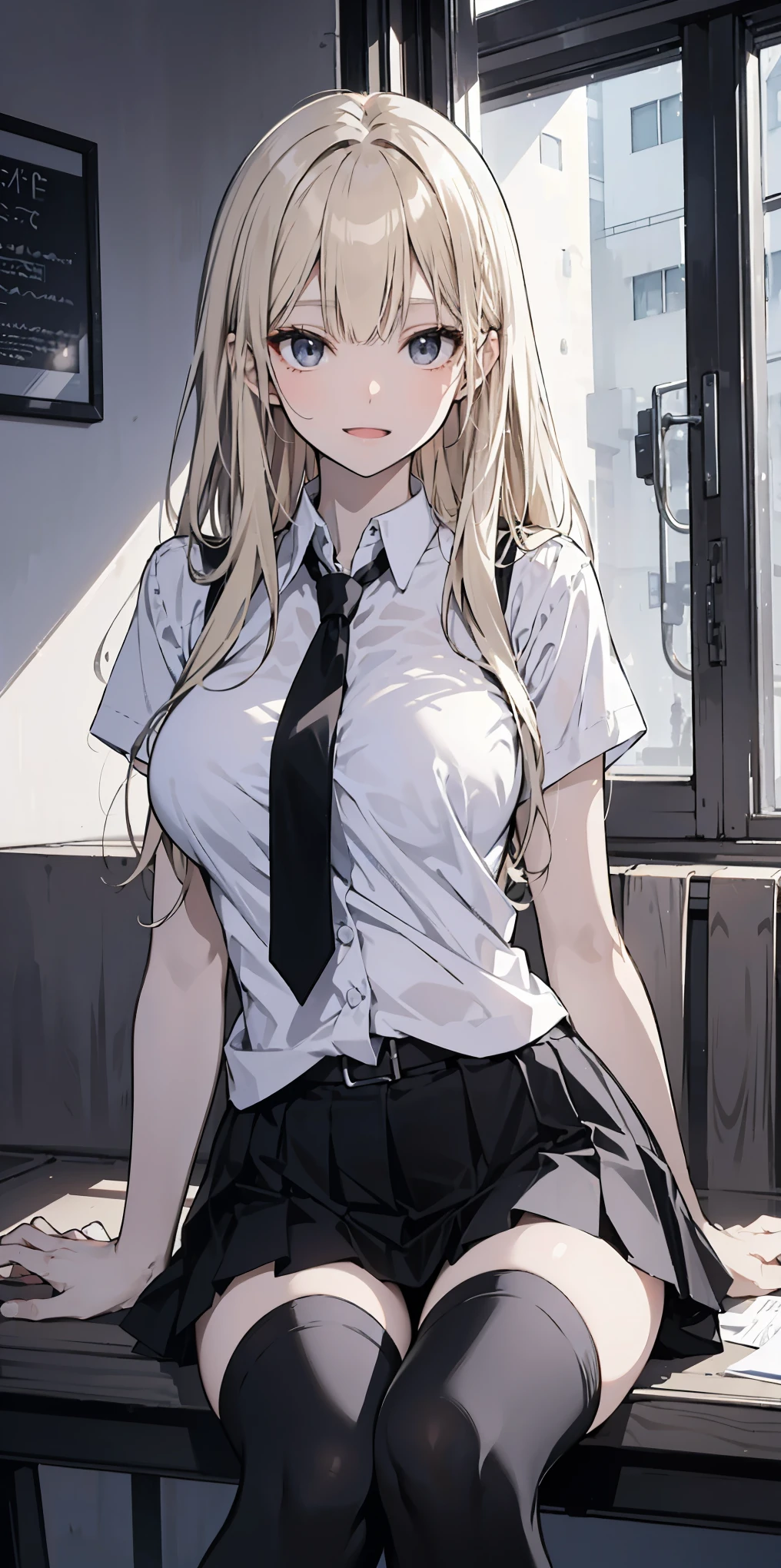 nsfw:0.8, extremely detailed CG unity 8k wallpaper, super fine illustration, (anime_style), Woman posing for a photo,Beige blonde hair, A shy smile, Small open mouth, Long Hair, Straight hair, Fine skin, Beautiful Hands, Beautiful fingers, Wearing a black hair bands, tie, big breasts, Short sleeve blouse, Pleated skirt, Thighs, Absolute area, Knee socks, Daytime, Hot summer day, School, Schoolyard, Sitting on a bench, holding Canned juice,sitting, panties, from below Natural light, Detailed face:1.2, Sharp focus, Hasselblad Photos, masterpiece, light makeup, Cinematic lighting, 4k, sharpness, Anime Style, whole body, Canned juice, BREAK looking at another, perfect anatomy, perfect body, (perfect arms), (perfect hands, perfect fingers), perfect legs, perfect feet, perfect toes, 5_fingers, (4_fingers,1_thumbs),