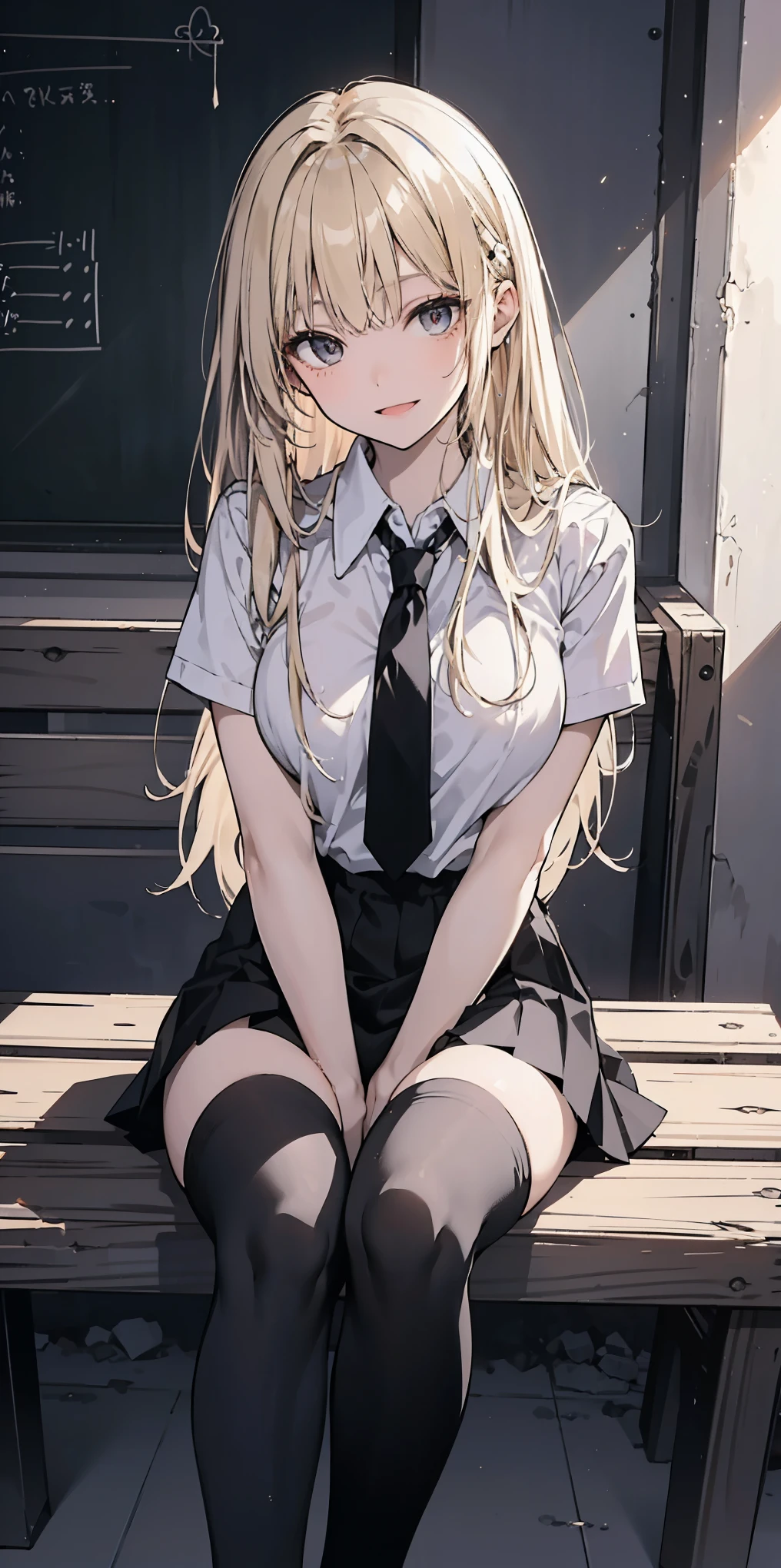 nsfw:0.8, extremely detailed CG unity 8k wallpaper, super fine illustration, (anime_style), Woman posing for a photo,Beige blonde hair, A shy smile, Small open mouth, Long Hair, Straight hair, Fine skin, Beautiful Hands, Beautiful fingers, Wearing a black hair bands, tie, big breasts, Short sleeve blouse, Pleated skirt, Thighs, Absolute area, Knee socks, Daytime, Hot summer day, School, Schoolyard, Sitting on a bench, holding Canned juice,sitting, panties, from below Natural light, Detailed face:1.2, Sharp focus, Hasselblad Photos, masterpiece, light makeup, Cinematic lighting, 4k, sharpness, Anime Style, whole body, Canned juice, BREAK looking at another, perfect anatomy, perfect body, (perfect arms), (perfect hands, perfect fingers), perfect legs, perfect feet, perfect toes, 5_fingers, (4_fingers,1_thumbs),