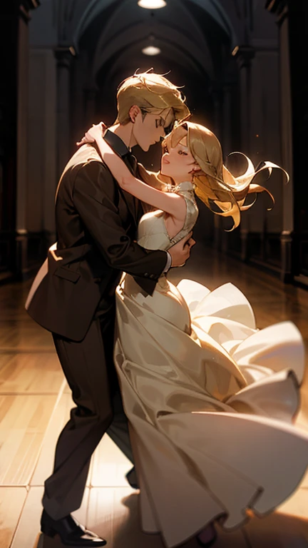 ((Highest quality)), ((masterpiece)), (detailed), （Perfect Face）、The woman is Reika Aoki, a Latin American with brown skin and medium-long blonde hair.、Woman wears Latin dance dress in South America、The woman is dancing passionately with the man, kissing and embracing him while he fondles her breasts. The man proposes to her and she accepts the proposal.