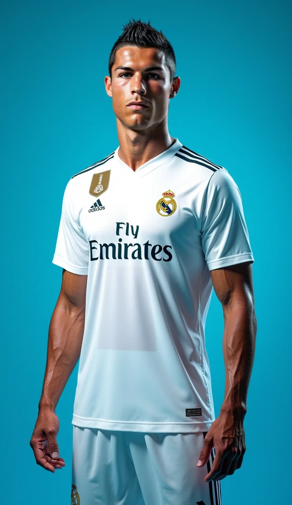Uma foto profissional do Cristiano Ronaldo comemorando com terno do real Madri, Nike sponsorship,voar Emirates, Cristiano Ronaldo realista,8k,nfsw