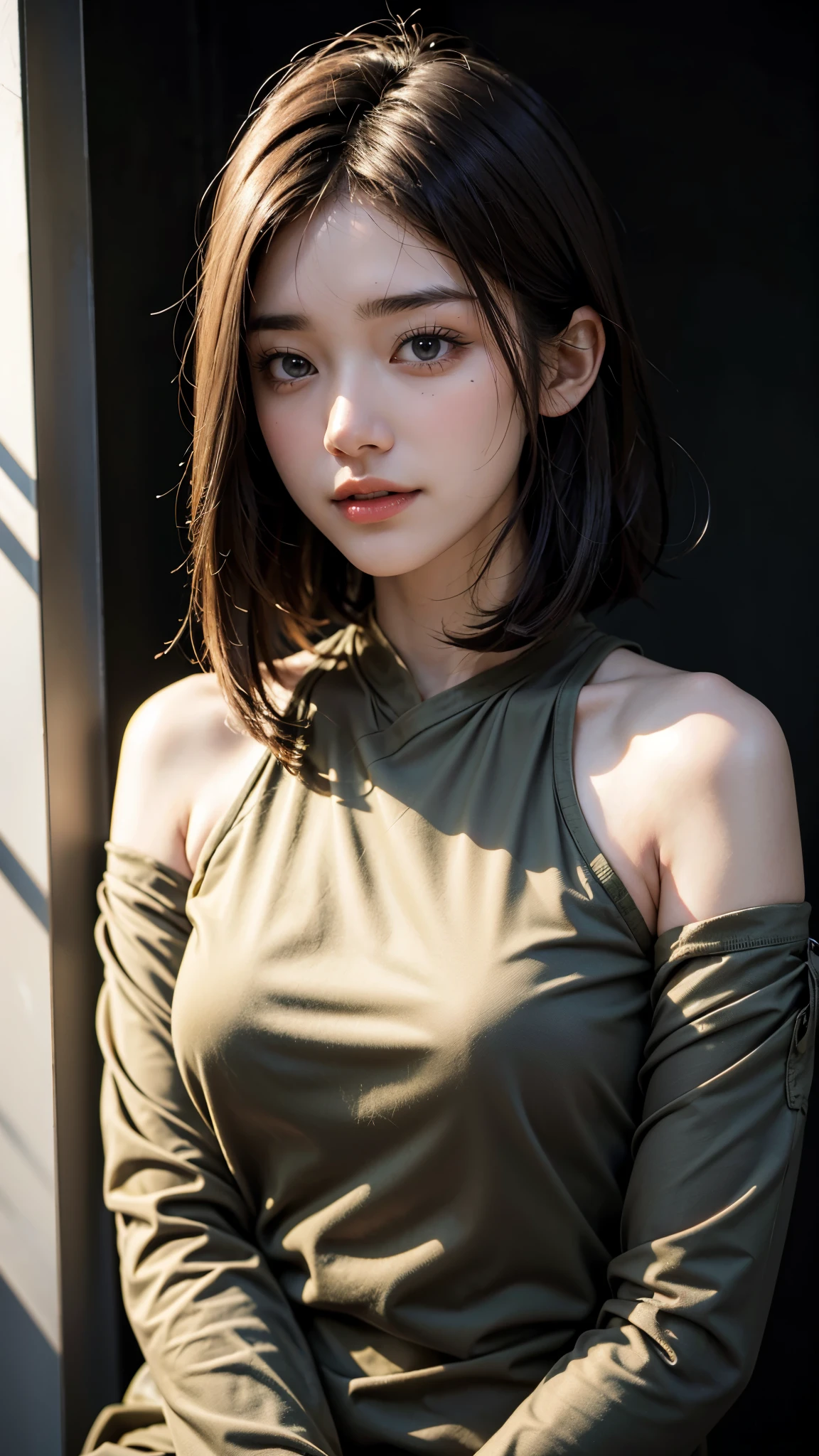 {{NSFW}},((highest quality、In 8K、master piece:1.1))、fisheye lens 、1 woman、japanese woman、Cute 20 year old woman、Cute round face、delicate and beautiful skin、human-like skin、realistic skin feel、複雑な色hair of、complicated hairstyle、gloss々hair of、Tie your hair to the side、、Forehead、two block、Sheared hair、ear length hair、Put out both ears、Looking at the camera、look at camera、raise your chin slightly、double round big eyes、super delicate eyes、super detailed face、high detailed lips、thick lips、Emphasize the face、cool woman、strong woman、Above the chest、Slender body,covered erect nipples,shiny skin,Take a full body photo、feminine toned body、Wild Lady、desert、荒れた荒野に立つWild Lady、military clothing、dirty with dirt or sand、the wind is strong、Hair disheveled by the wind、tanned skin、Wheat-colored healthy skin、Military Shirts、迷彩柄のoveralls、overalls、face is dirty with dirt、The gesture of wiping a dirty face with one&#39;s arm、A woman standing on a road in the wilderness、The body is facing forward、backpacker woman、道路の真ん中にsquat、sit、squat、