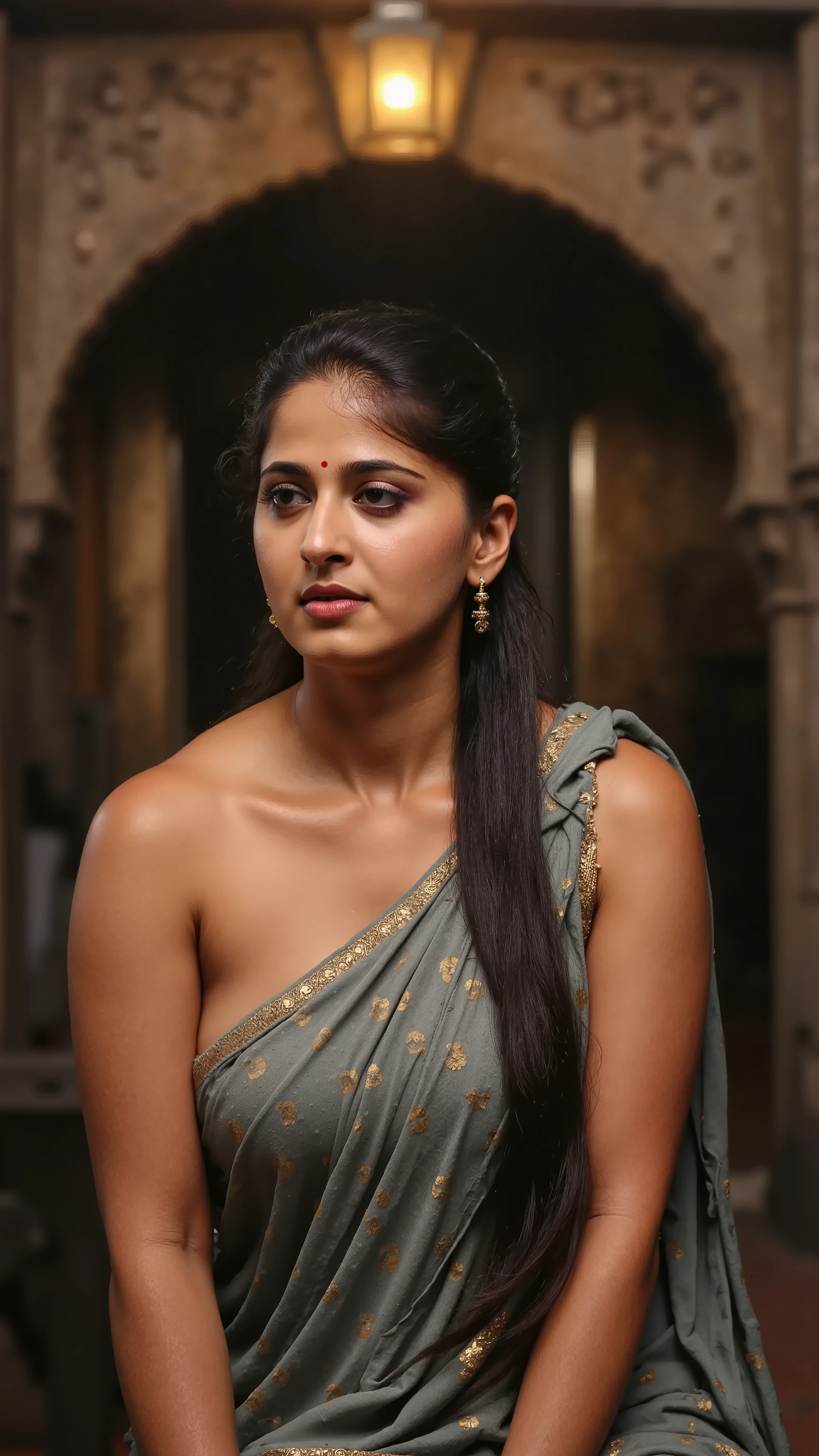 A melancholic yet beautiful portrait of a woman sitting under the archway of an old palace, her rain-drenched saree wrapped around her. A soft breeze carries the scent of wet earth as she watches the raindrops dance on the stone floor. Her bare shoulders glisten under the warm lantern light, casting long shadows across the weathered walls. The echoes of distant temple bells add a timeless aura to the moment.
