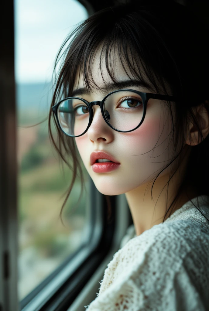 ((Highest quality)), ((傑Highest quality、masterpiece、High sensitivity、high resolution、detailed description、depicting a delicate face)),(Slender Woman、wearing glasses、)Ride the Haru no Kisen、Get your face out of the train window、hair fluttering in the wind、