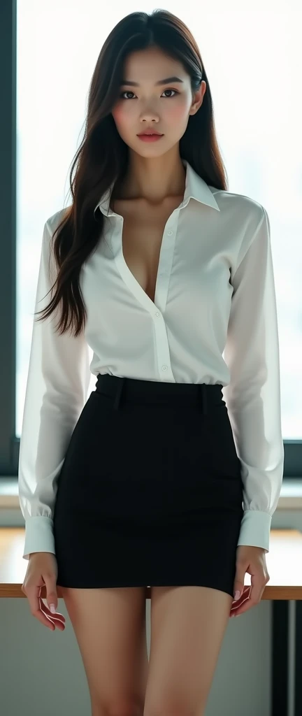 smile、nipple見え、(translucent shirt:1.2)、(In 8K、highest quality、masterpiece:1.2)、(genuine、photogenuineistic:1.37)、Super detailed、1 girl、cute、、、beautiful and detailed sky、office、sitting、date、(blush your nose)、 (perfect beautiful beautiful face:1.15)、(closed mouth)、細やかなbeautiful eyes、(Skeleton shirt:1.1)、daytime、、short cut hair、、white lace、(short hair:1.5)、floating hair、body、20 year old woman、brown hair、、brown eyes、small head、((M cup fashion girl、beautiful eyes、genuine face、genuine skin、genuine-looking face、genuineな肌、fine eyes、、(No underwear:1.3)、、viewer、Look carefully at the face and chest、, see-through shirt。the tip of the chest sticks out。Areola is protruding。(The shape of the genitals is clearly visible), lots of eyelashes。black eyeshadow。bright red lips。black sexy high heels。pubic hair。The lower abdomen is bristly。thin。thighs are open。pubic hairが非常に多い。nippleは非常に突き出ています, そして繊細なbody型、Dark blue suit、camel'With toes、protruding pussy_nipple