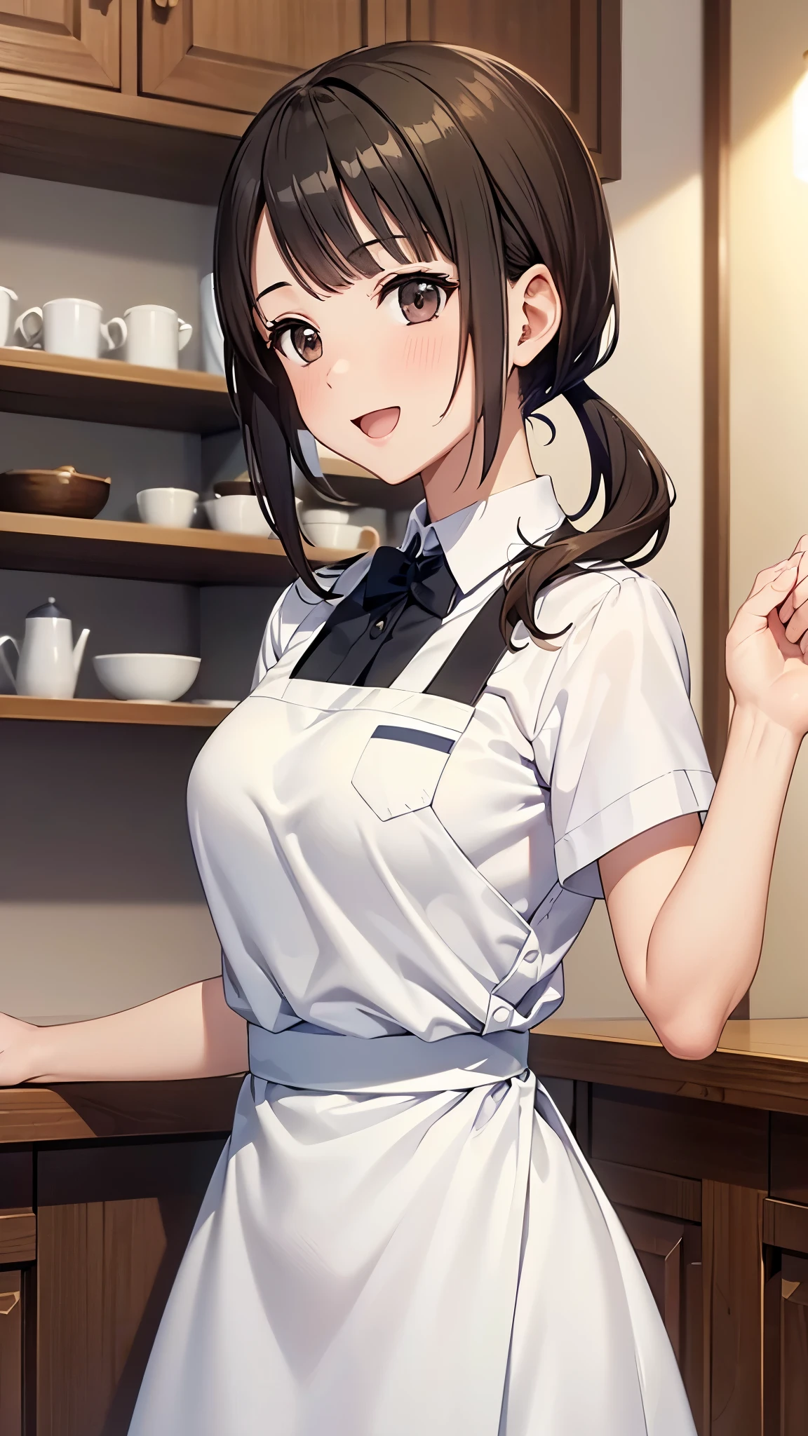 masterpiece, Highest quality, high resolution, anatomically correct, okitasawa, side talk:1.3 ,white y-shirt,beatiful eyes:1.9,:d:1.3,green apron,cafeteria,beautiful face,ultra high detail eyes,from front,standing,face shot:1.3,face focus:1.3