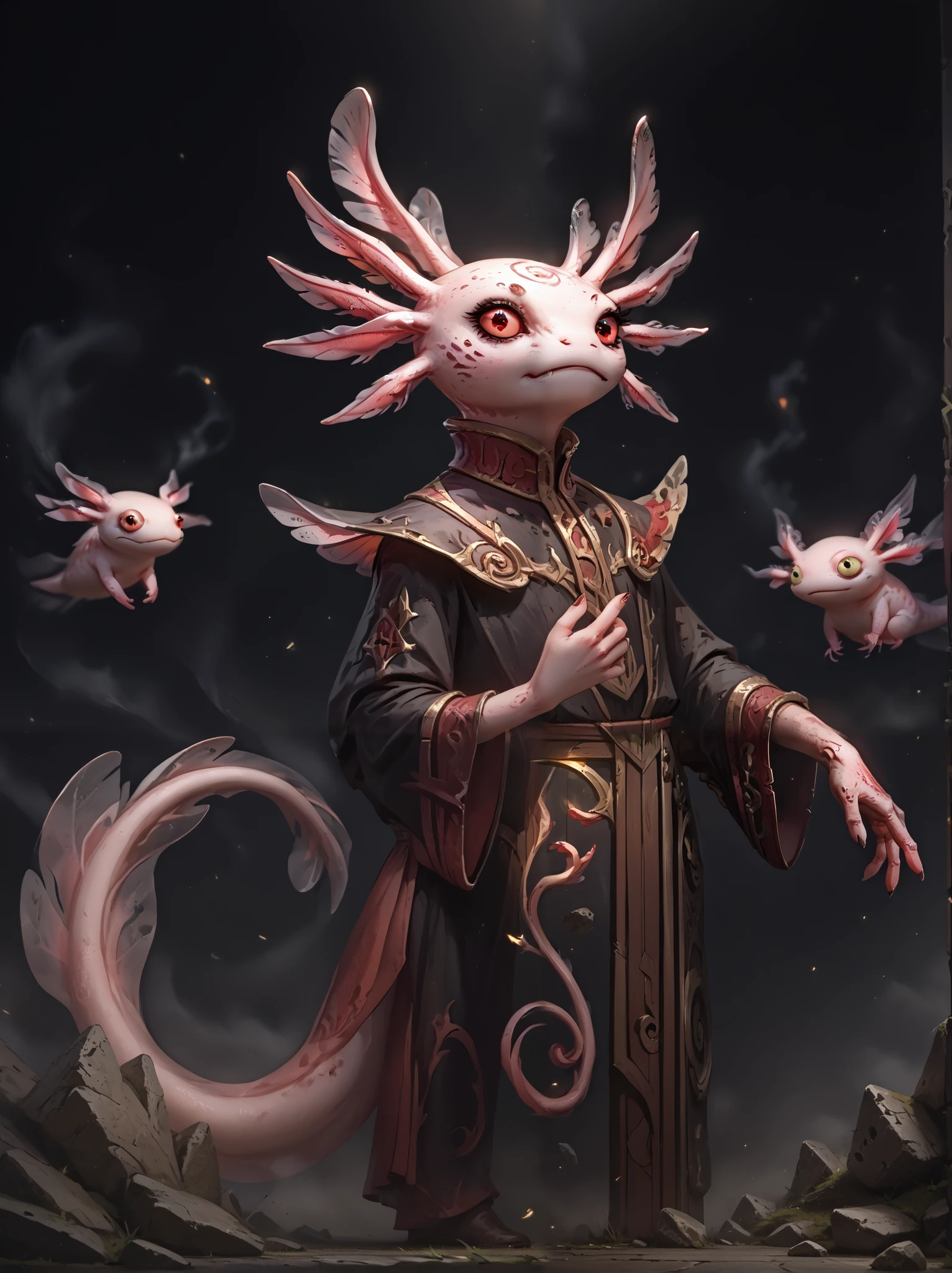 (Axolotl)(Intimidating) Make an axoloter gliding in the air, with several simple magicians around you, and terrifying dark shadows emerge from within these symbols, make 3 pentagrams behind him floating nor air, these pentagrams are made of a red energy, and from inside these pentagrams a black fog comes out, As if they were living shadows