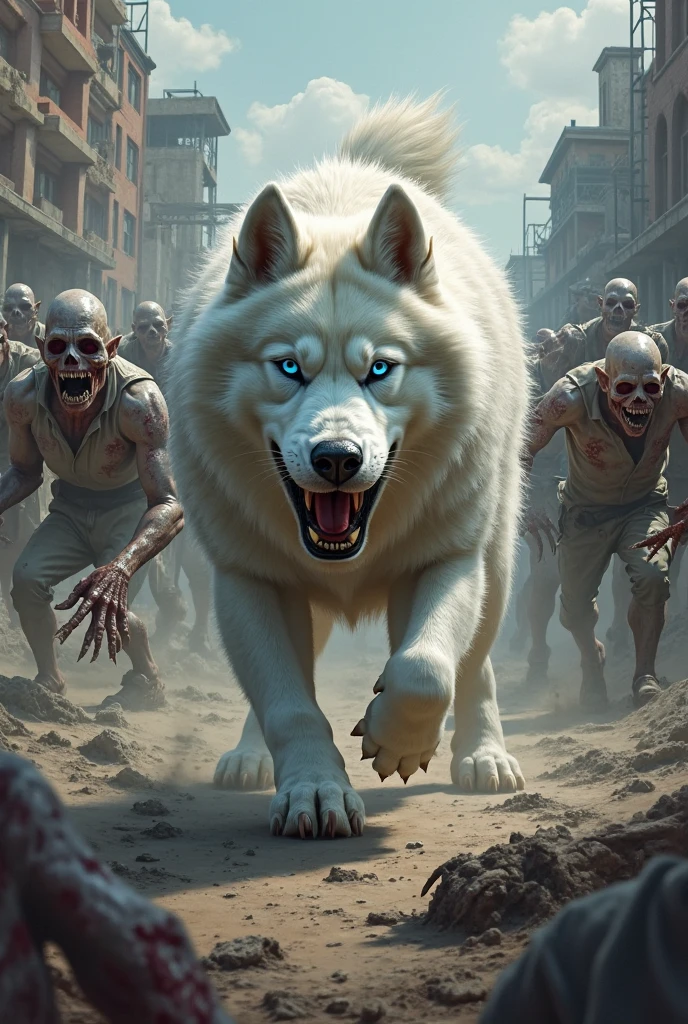 husky fighting zombies