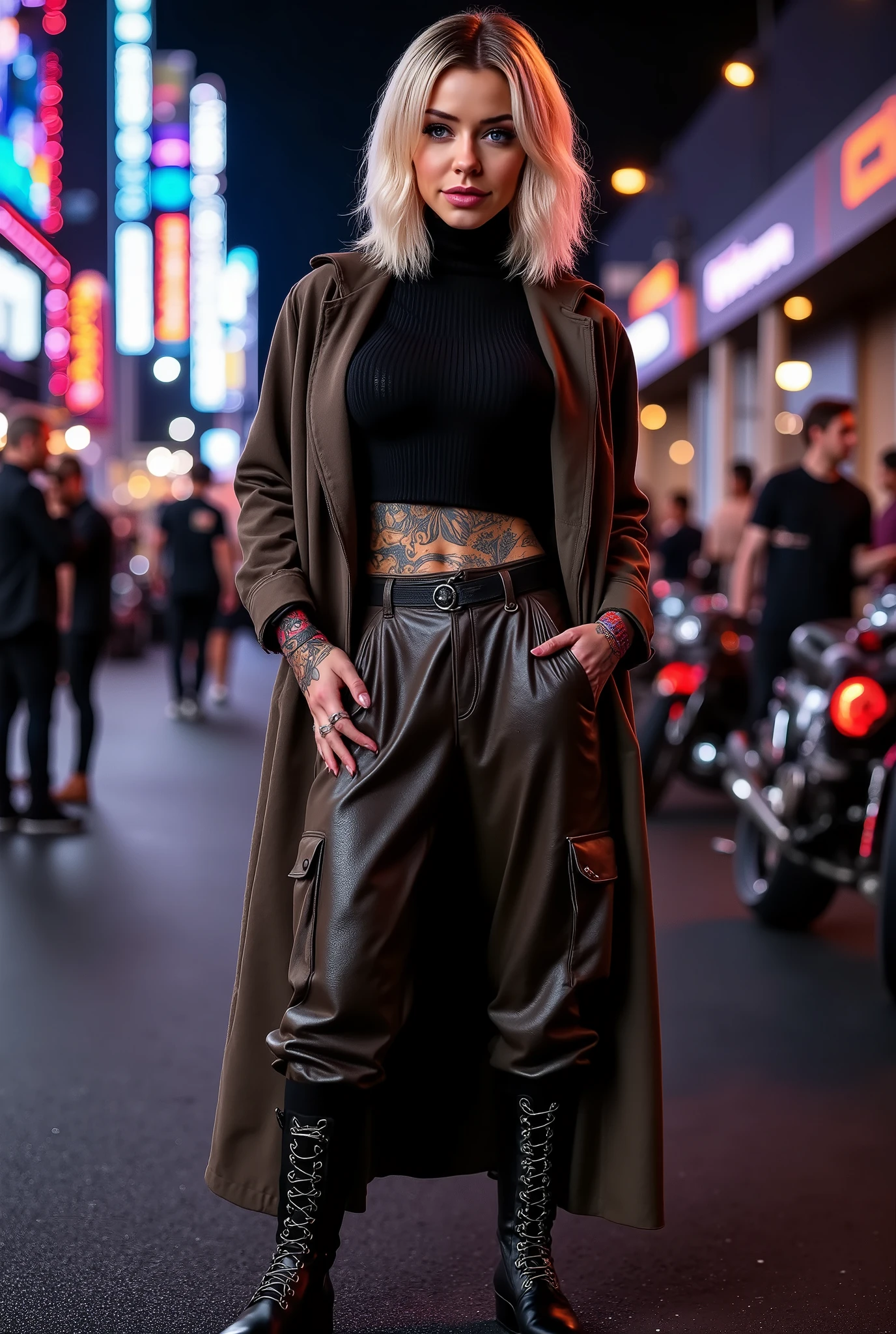 Create an image of a smiling blonde woman wearing a comfy turtleneck sweater paired with oversized baggy leather cargo pants, long coat, knee high boots with front laces, she is posing in the pitlane of an formula one race, one hand on her hips, night, neon lights, Miami Street Circuit, background glow,
