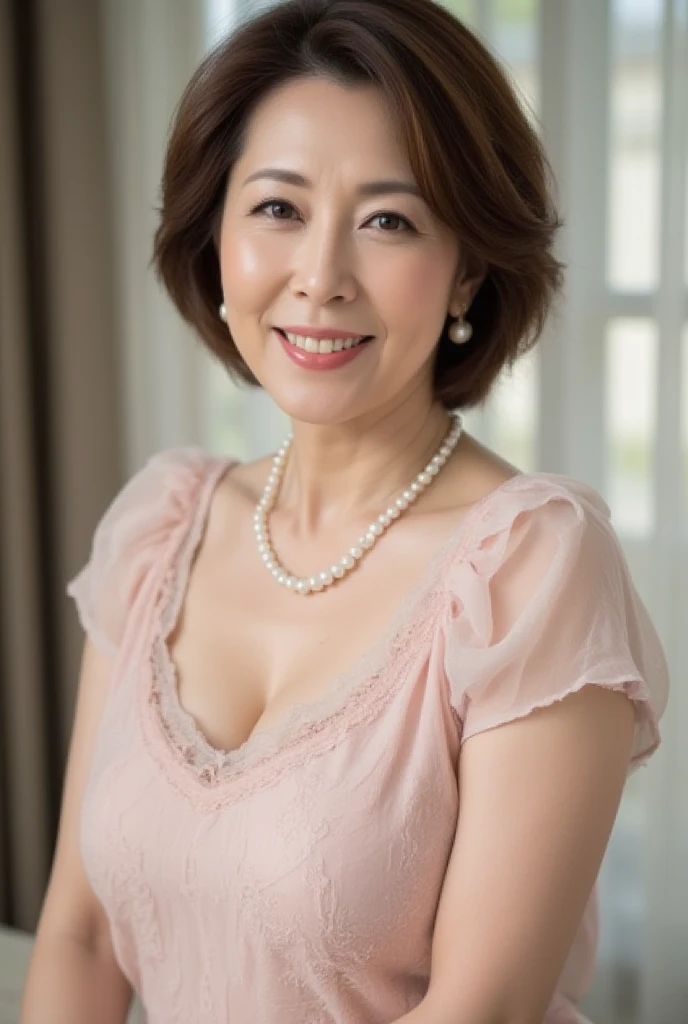 Masterpiece, Ultra HD, Ultra high definition, In focus, Perfect skin depiction, Perfect depiction of the human body, Perfect lip drawing, Perfect ear depiction, early summer clothes, Natural Hairstyle, Solo, Japanese, Late Elderly, 120 years old, Mature Woman, beautiful, erotic, Red lips, Flashy makeup, White skin, (Selfie style):1.3, (looking at the camera), (Looking into the camera), (Close-up of face),