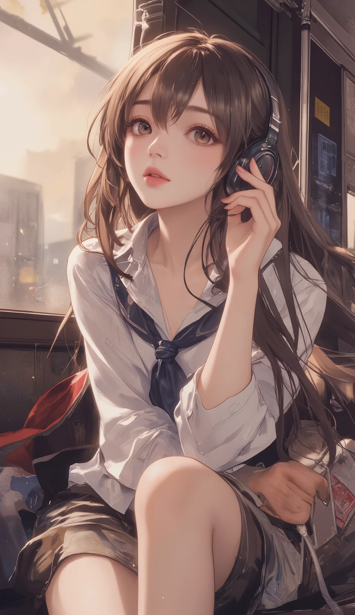 masterpiece, Best Quality,attractive poses in ultra resolution, perfect anatomy, one woman, detailed face、headphones、Listening to music、Happy mood、Inside the train to school 、Dramatic、dynamic、absurd、metaphysics