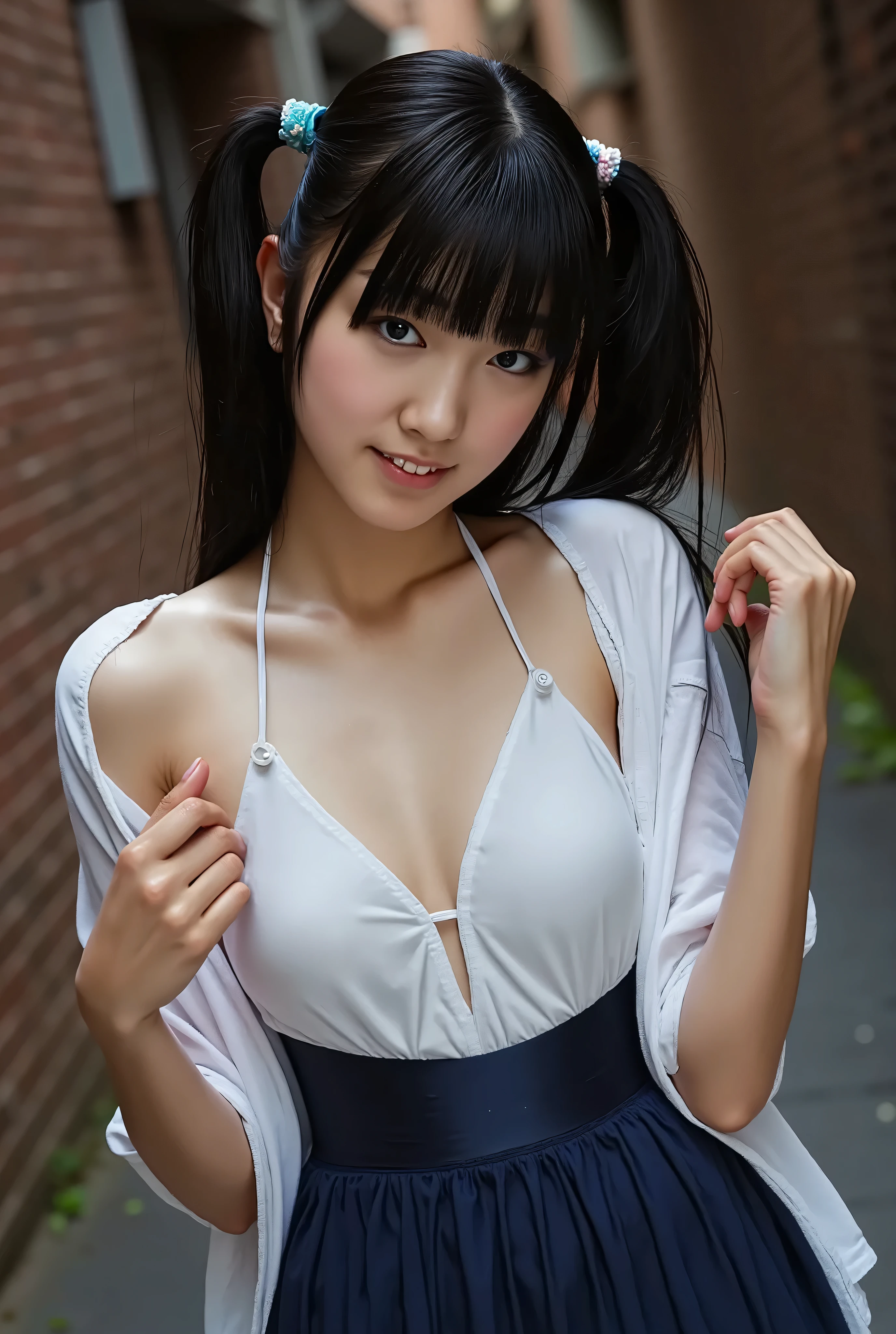 Beautiful Japanese girl of slender build with beautiful long black hair, 160cm tall, happy expression, small breasts, erect nipples, petite body, shiny skin, OliedSkin.

Ultra-high quality, hyper-realistic digital painting of a stunning Japanese woman in a wide-open white shirt and dark blue pleated skirt, hidden in the narrow alley between two towering buildings in the dead of night. The space is barely wide enough for two people, the air thick with the lingering scent of rain on asphalt. The silence is profound, broken only by the occasional distant hum of the city, far removed from this secluded space.

She stands close, her back lightly pressed against the cold brick wall. Her deep, captivating eyes gaze up at the viewer, shimmering faintly in the dim light, carrying an unspoken invitation. A soft, teasing smirk curves her lips, and her breath is barely audible in the stillness. Her long, black hair cascades over her shoulders, blending into the shadows, while the subtle sheen of her satin corset and the delicate curve of her figure are only hinted at in the darkness.