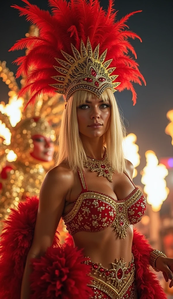 Photograph of a stunning 23 year old girl , wears sexy carnival costumes ,European face, blondes Haar ,Stehend vor einem Karnevalsumzug, in einer modernen Wohnung, Blick in die Kamera , Spectacular lighting, beautiful, (tiefe spaltung), Foto-Shooting, Western, (Meisterwerk), best quality, high resolution, extremely detailed background, Haut mit Poren, , Kinobeleuchtung abgeschlossen, full whole body, big boobs,