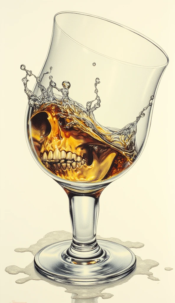 (Highest quality),(Super detailed),(Ultra-high resolution), colored pencil hyperdetailed realism.
A tilted crystal whisky glass, with a skull head inside at the bottom. Whisky liquid in the glass is moved like splashed.