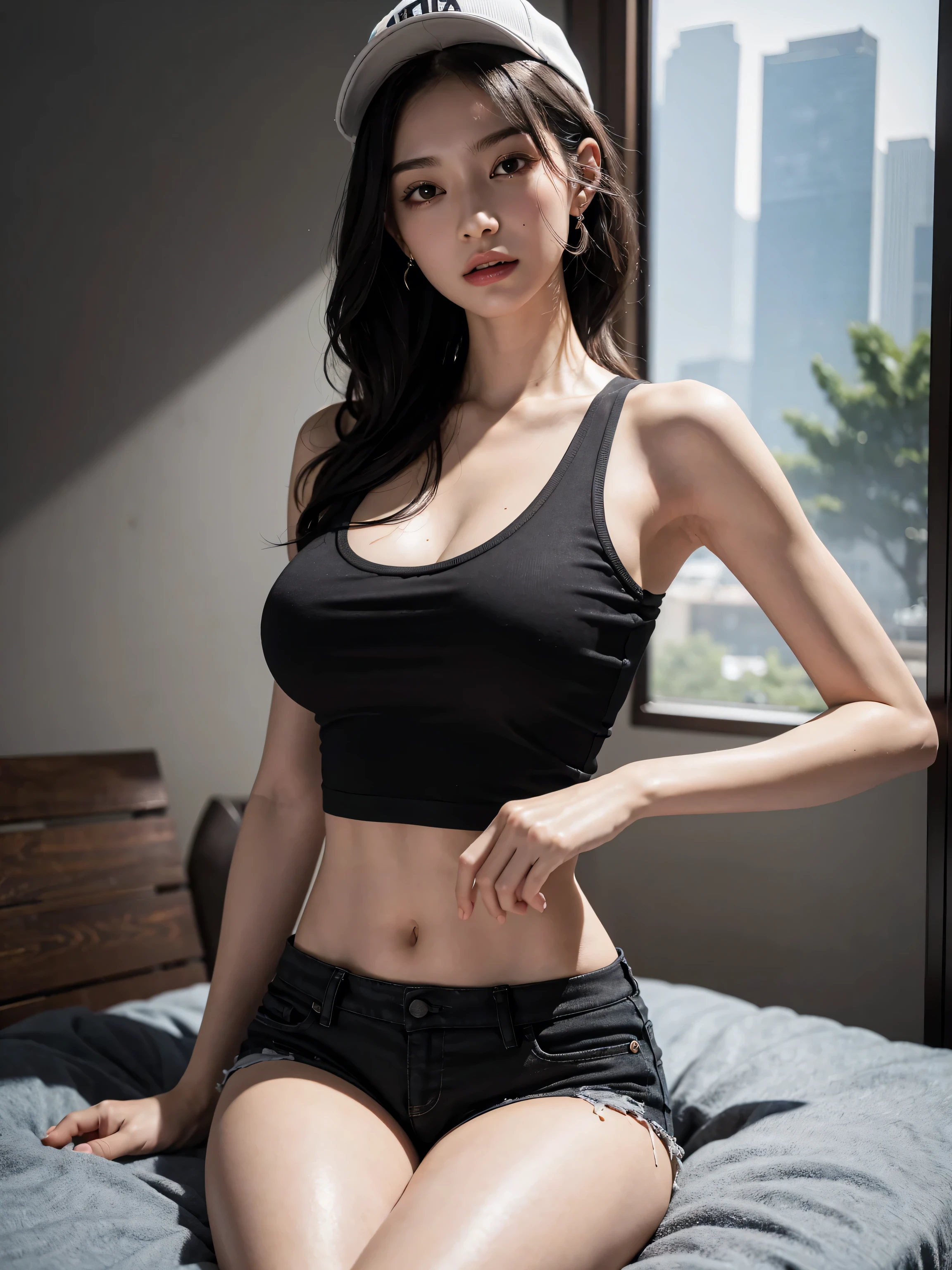 (One Person:1.6), (Quarter Front View Shot:1.4), (A Gorgeous 25 Years Old Japanese Female Model), (High Ponytail Black Hair:1.4), (Athletic Body Builds), (Pale Skin:1.4), (Detailed Oily and Sweaty Skin:1.4), (Wearing Black Strapless Sports Bra and Black Tight Shorts:1.6), (Busty Chest Size:1.6), (Sexy Pose:1.6), (Dimly lit Bedroom:1.6), Centered, (Half Body Shot:1.4), Insane Details, Intricate Face Detail, Intricate Hand Details, Cinematic Shot and Lighting, Realistic Colors, Masterpiece, Sharp Focus, Ultra Detailed, Taken with DSLR camera, Realistic Photography, Depth of Field, Incredibly Realistic Environment and Scene, Master Composition and Cinematography