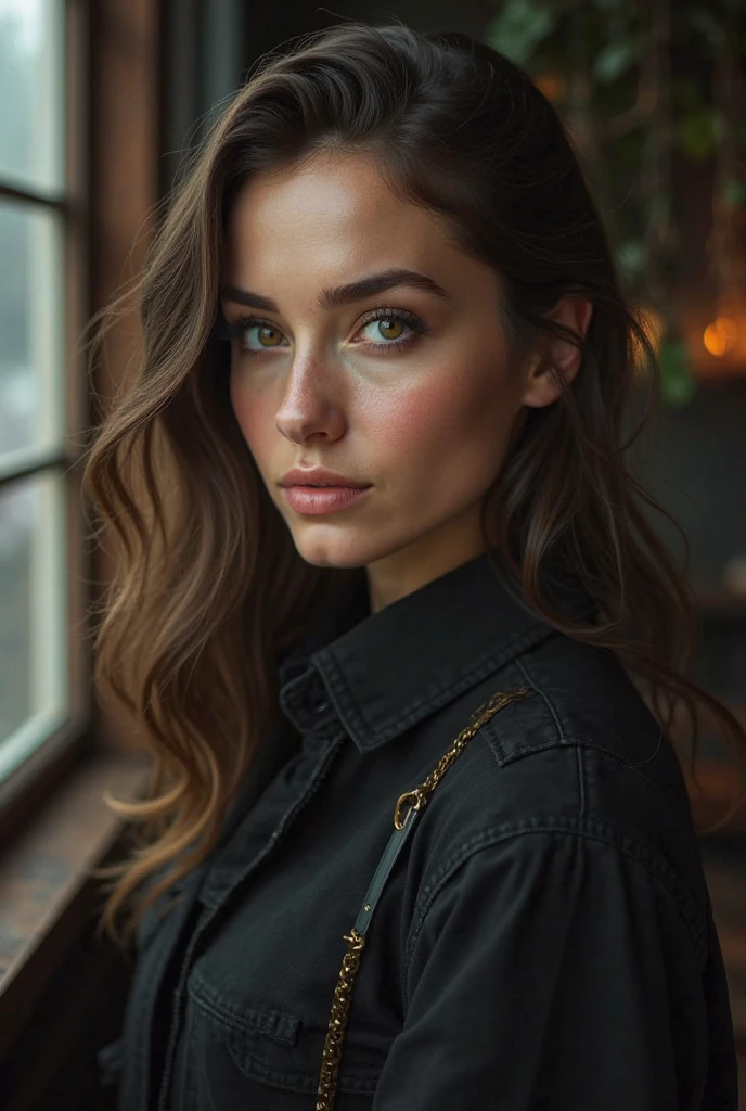 Cute Caucasian girl wearing a black leather jacket topless
