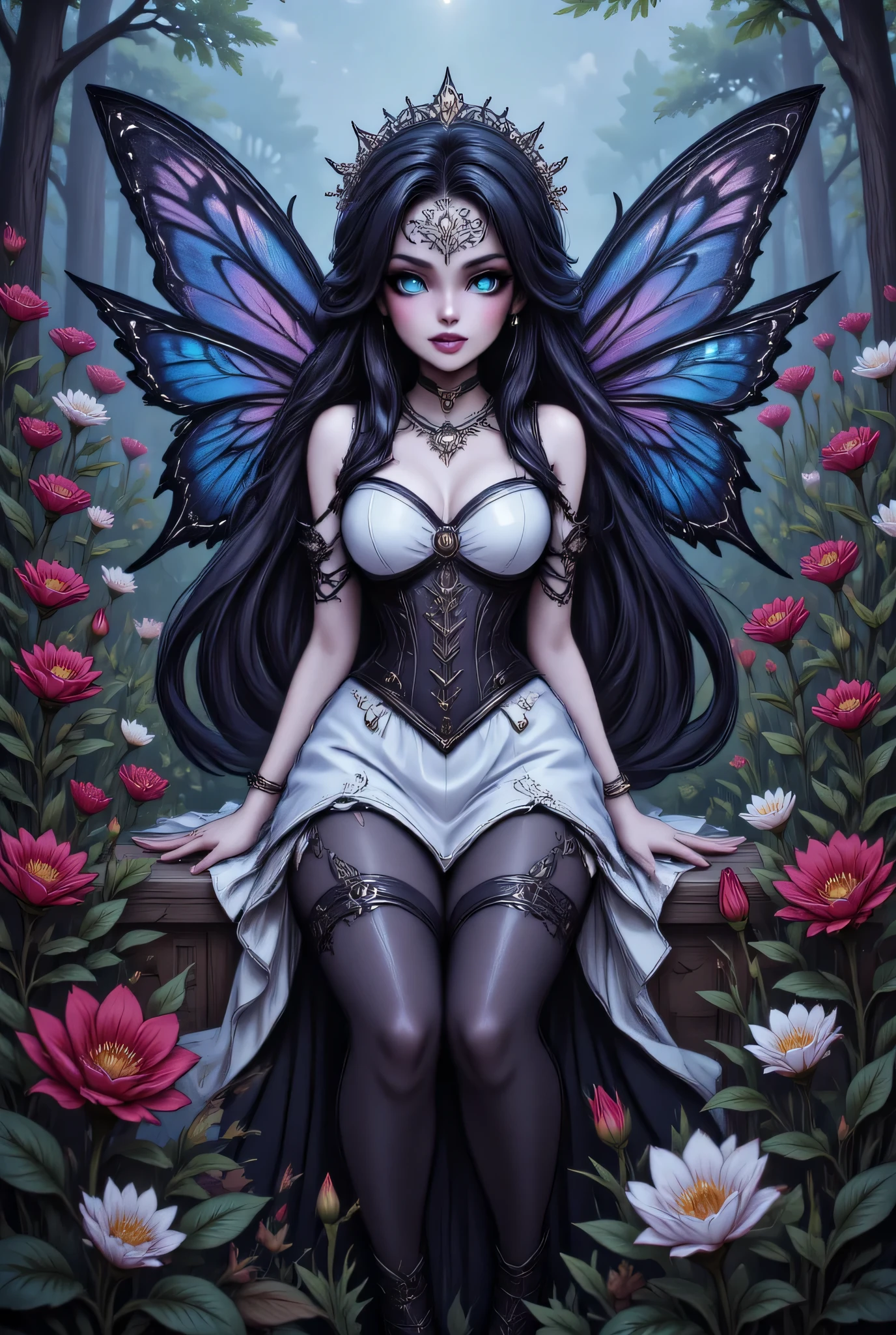 a girl, (fairy), big (purple wings), night, shiny fairy dust, (tight black dress), (full body image), ((fly)), detailed background, moon, trees, starry night sky, illustration with sharp details, (masterpiece: 1.2), (8K, best quality: 1.2), 8K wallpaper, HDR, elaborate assets, octane rendering, (messy hair, shiny black hair: 1, 2), (beautiful green eyes, sharp details), (intricate details), (red lips, (evil smile: 1,2), (teeth: 1,2), (beautiful face with perfect, clear symmetry), (breasts medium and natural), (contoured skin shape, correct texture, high details), (realistic natural skin, glowing skin: 1.1), cinematic lighting, (vivid colors: 1.3), (perfect color tone, realistic), (high resolution: 1.2), (ultra-detailed), Depth of field